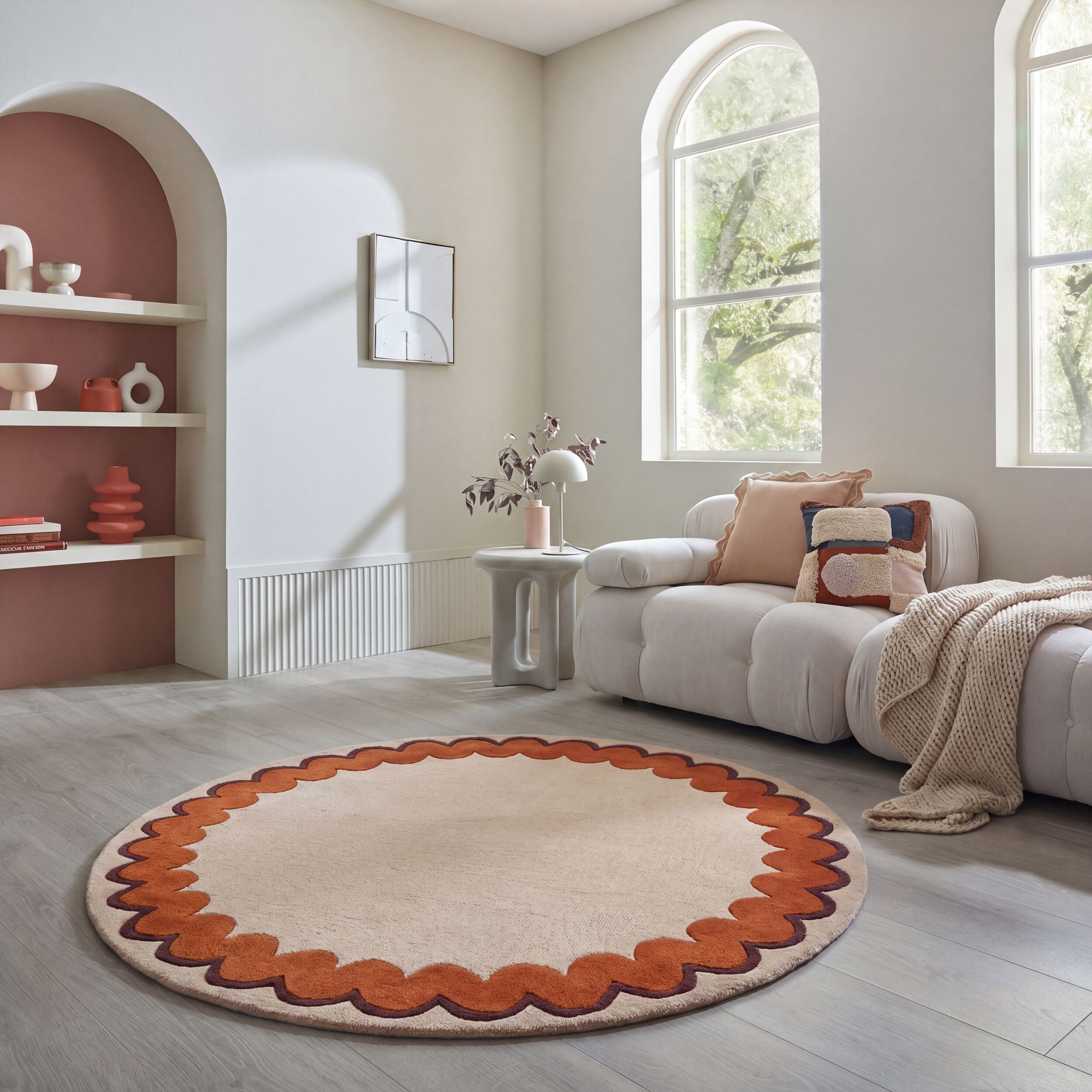 FLAIR RUGS Wollteppich "WIGGLE" rund 8 mm Höhe mit gewelltem Wellenrand; auch als Läufer und in rund