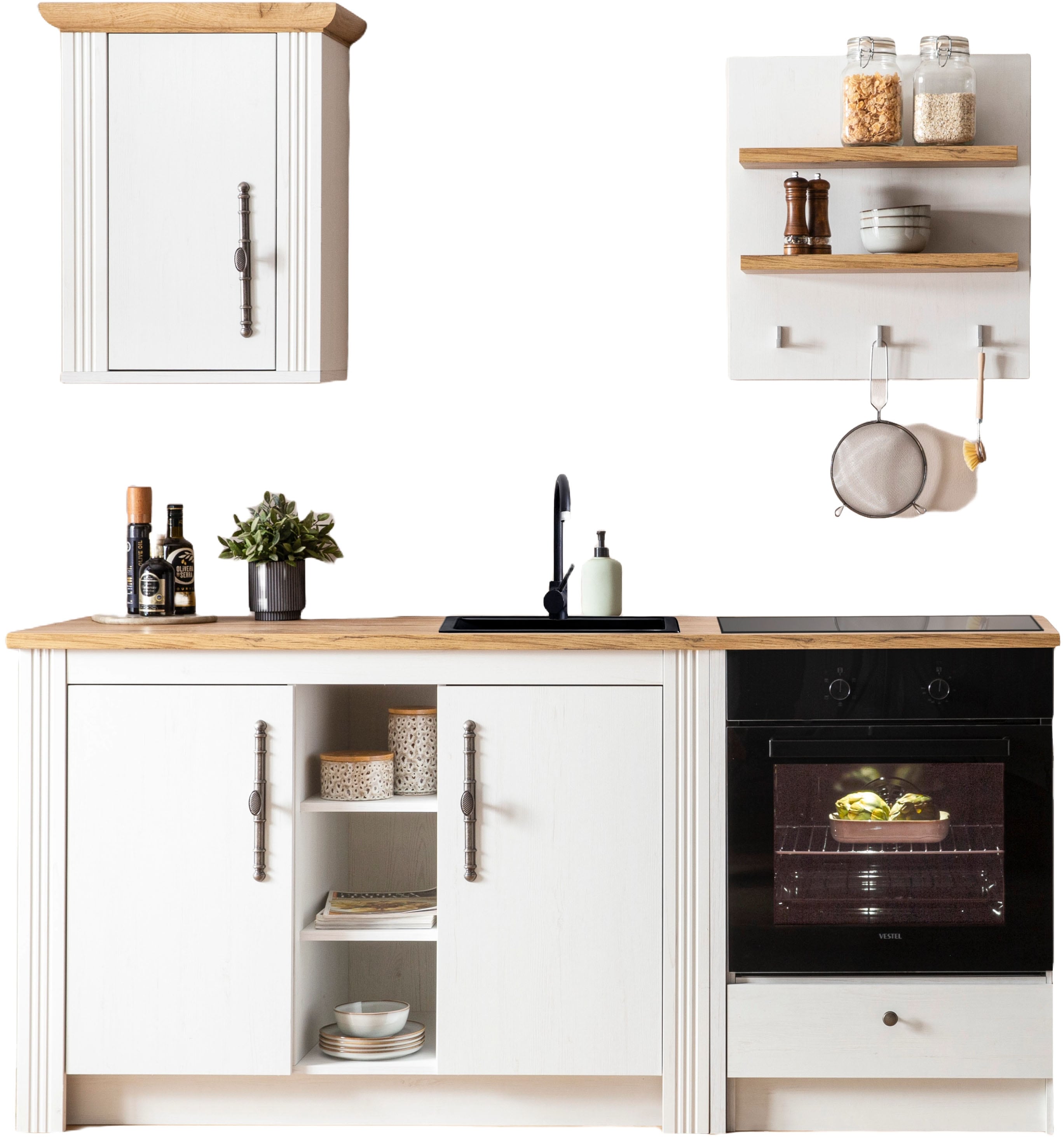 OTTO home Küchenzeile "KS-Westminster, Pantryküche im Landhaus Stil, hochwertige Metallgriffe" Set, Breite 194 cm, Kommode, Wandpaneel, Hängeschrank und Herdumbau