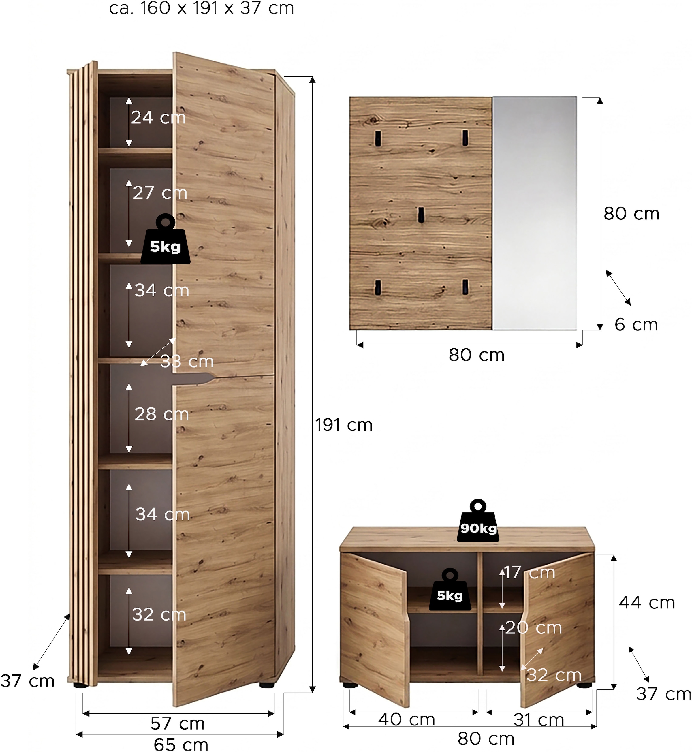 OTTO home Garderoben-Set »FJELL, 3-teilig, Breite 160cm, Front mit hochwertiger Längsfräsung«