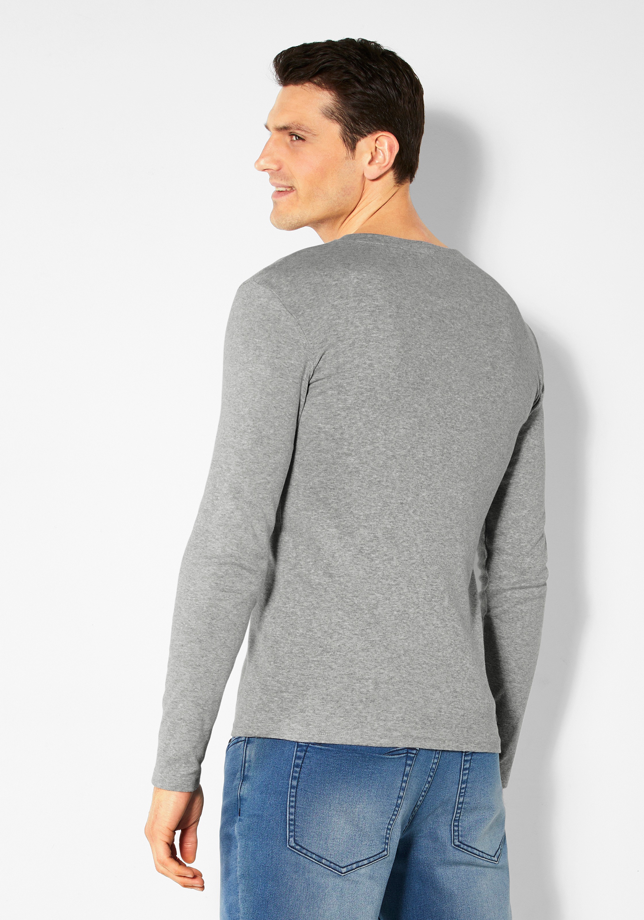 Langarmshirt H.I.S, Herren, Gr. XL, grau (grau, meliert), Feinripp, Obermaterial: 100% Baumwolle, meliert, Basic, körpernah lang, Rundhals, abgesteppte Kante, Shirts Langarmshirt, mit aufwendiger Knopfleiste 3