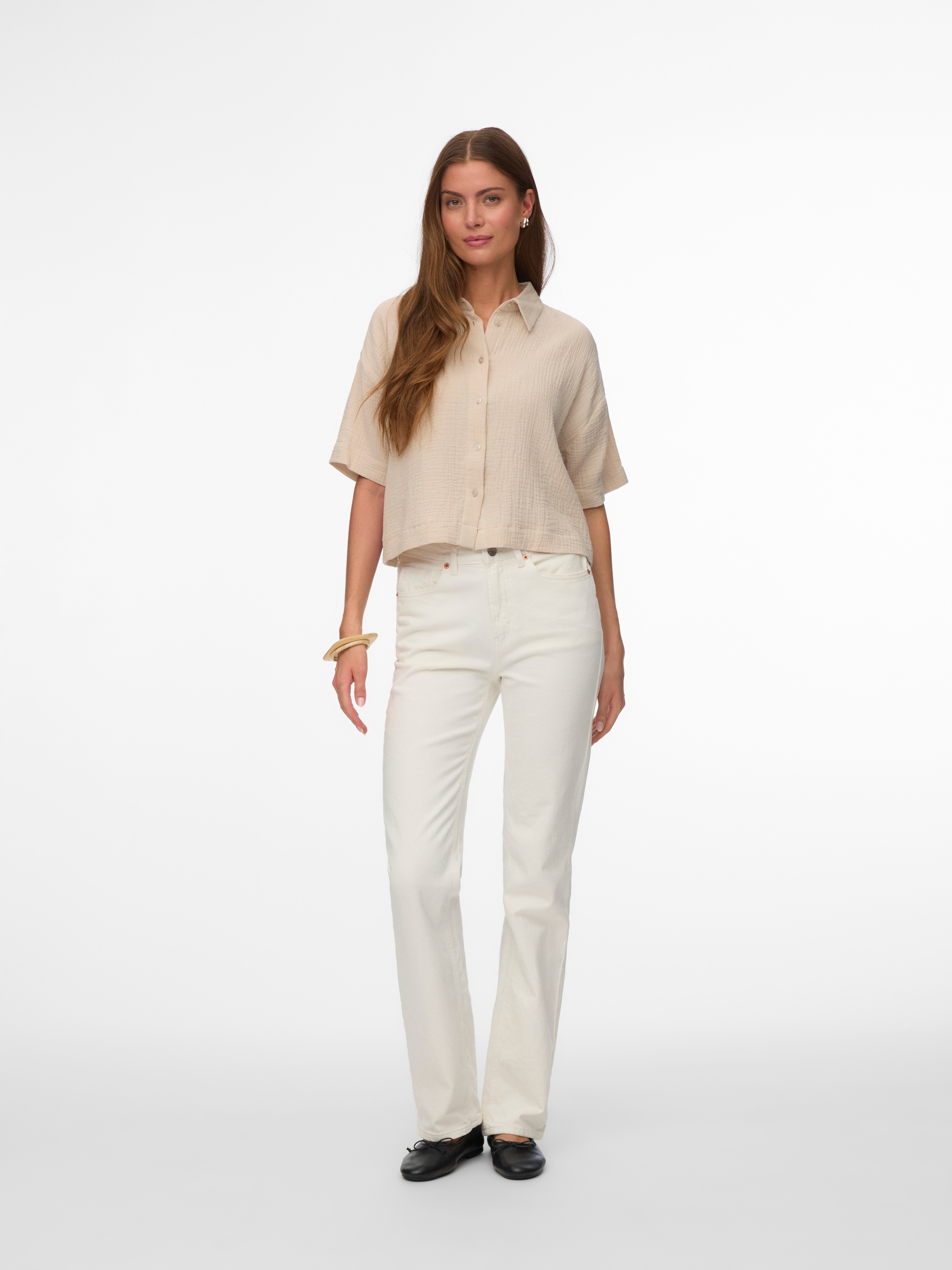 Kurzarmbluse VERO MODA "VMNATALI SS CROP SHIRT WVN NOOS", Damen, Gr. M, silber lining, Web, Obermaterial: 100% Baumwolle, unifarben, taillenbedeckt, Blusen, Baumwolle, verkürzte Form 3