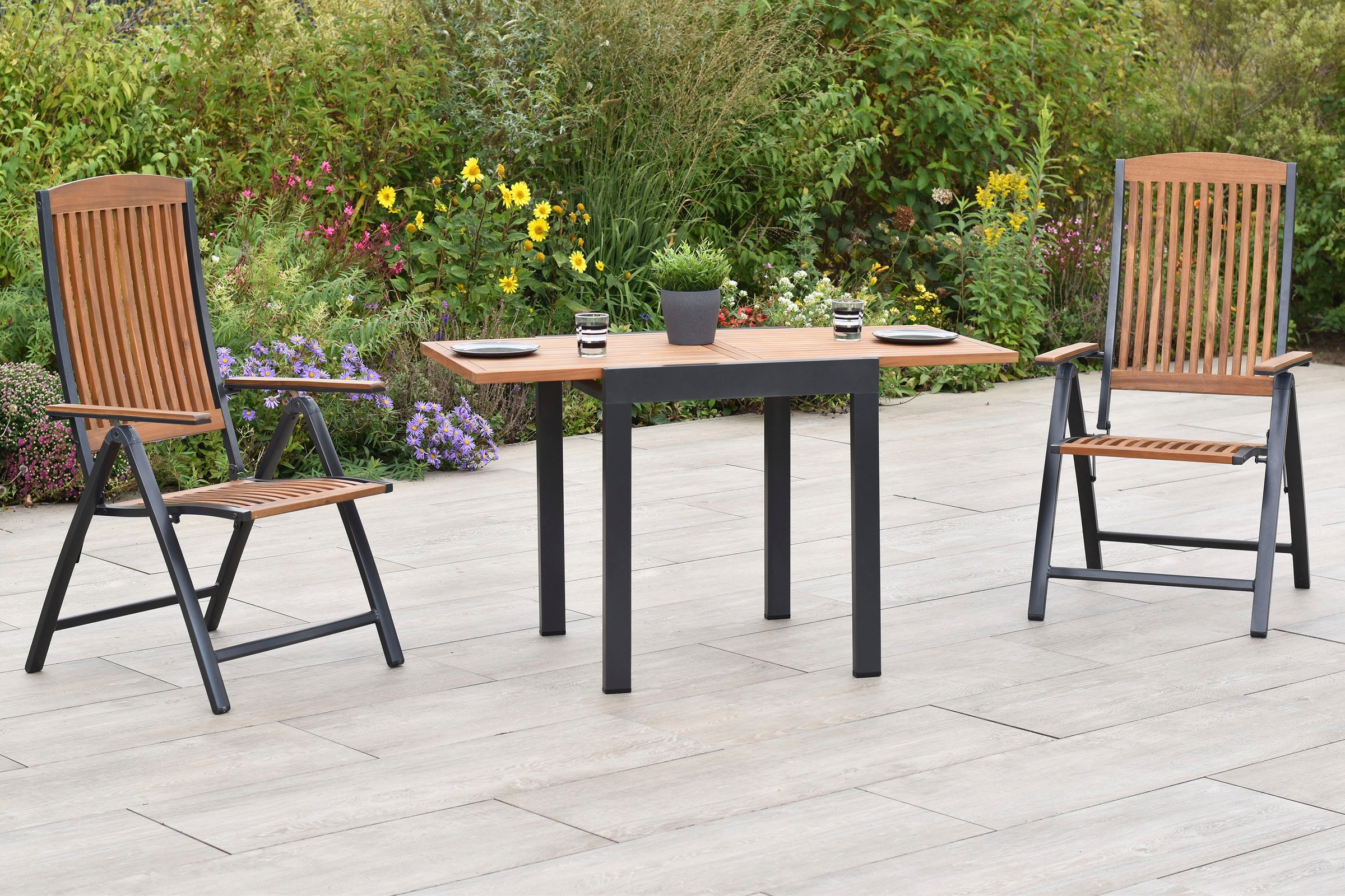 MERXX Balkonset »Athos« Set, 3 tlg. inkl. 2 Klappsessel, 1 Balkonausziehtisch