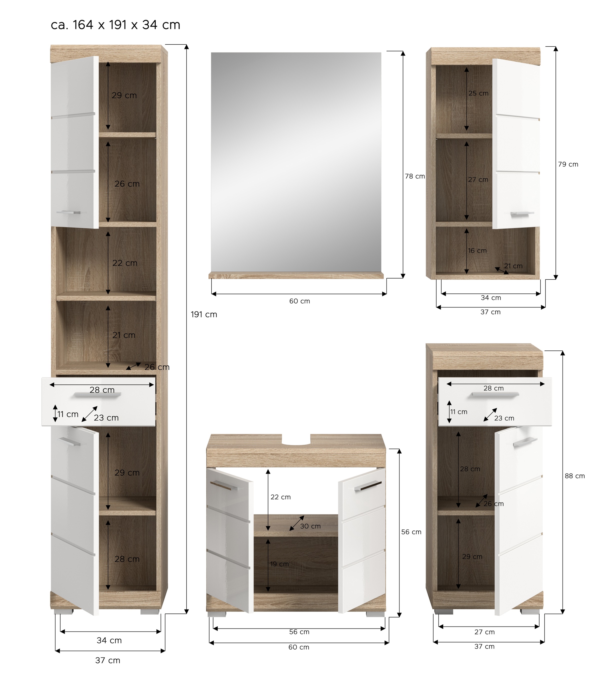 INOSIGN Badmöbel-Set »Siena, 5 teilig, bestehend aus:«, (Set, 5 St.), Hochschrank, WBU, Spiegel, Unterschrank, Hängeschrank