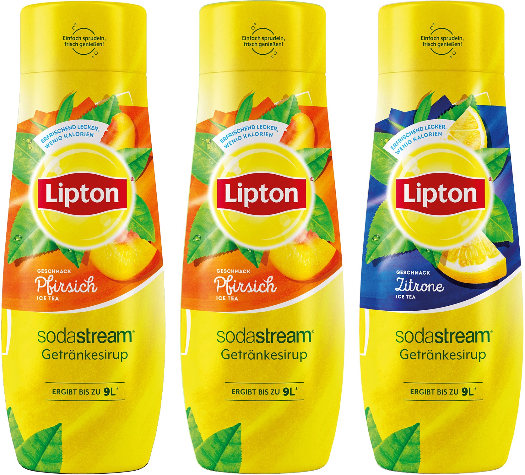 Sodastream Getränke-Sirup, 0,44 l, (3 Flaschen), 2x Lipton Pfirsich Ice Tea und 1x Lipton Zitrone Ice Tea Getränkesirup je 440ml für je 9L Fertiggetränk
