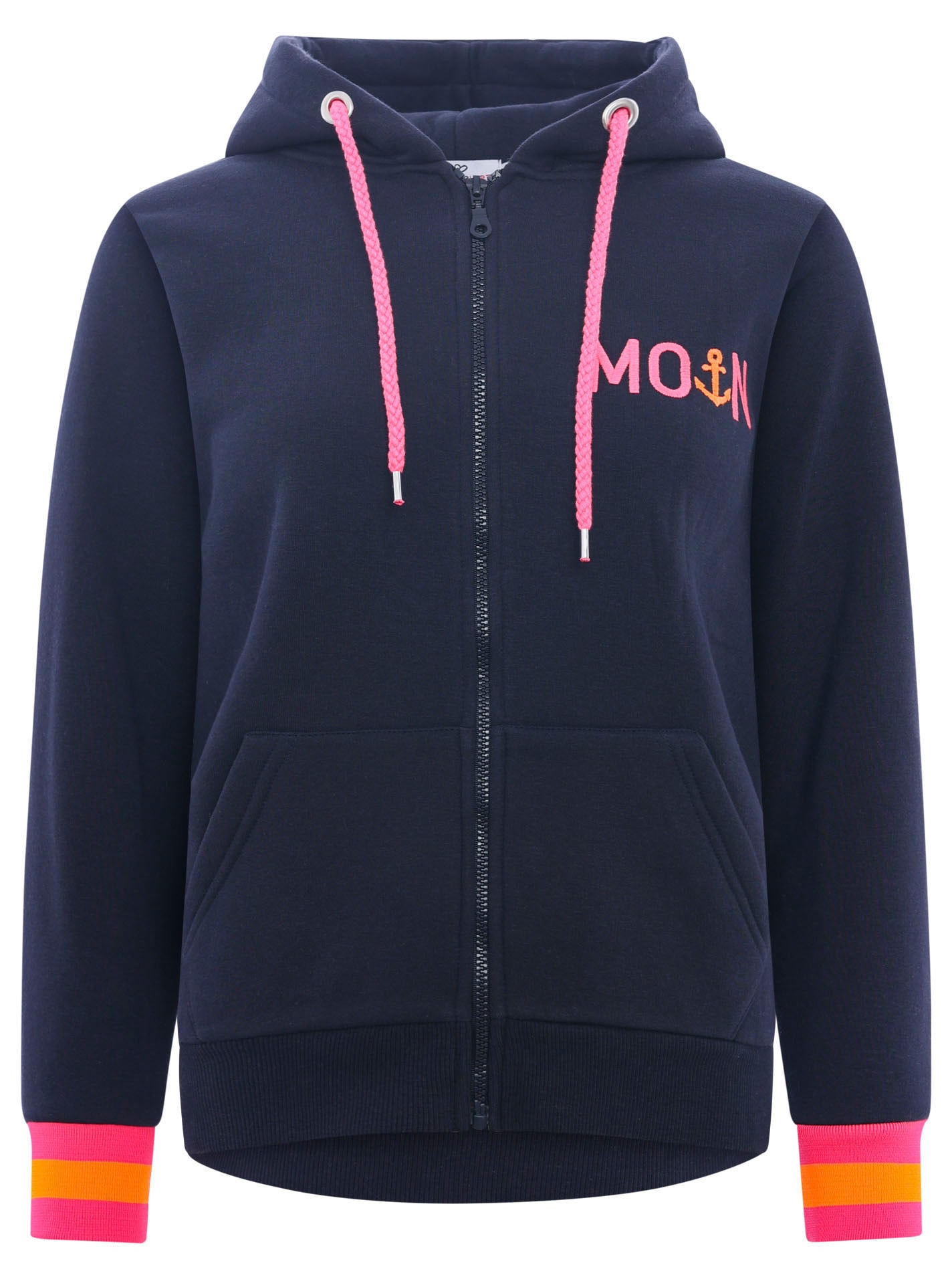 Zwillingsherz Sweatjacke, mit gesticktem "Moin" und neonfarbenen Details günstig online kaufen