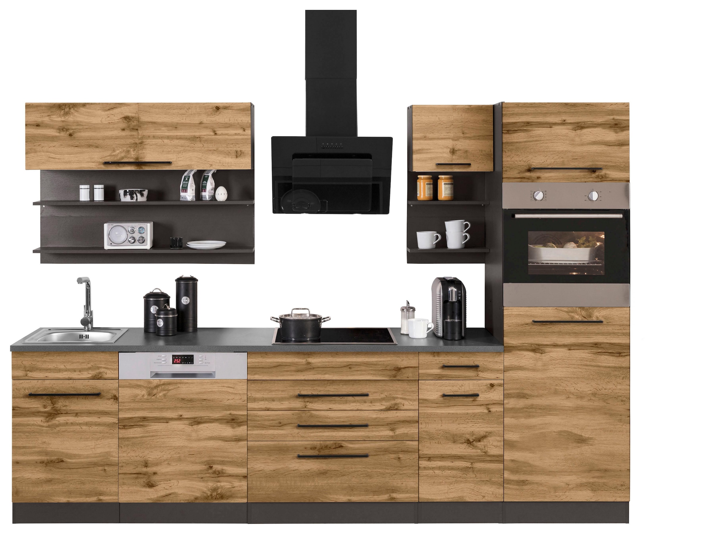 KOCHSTATION Küchenzeile "KS-Tulsa", mit E-Geräten, Breite 290 cm, schwarze Metallgriffe, MDF Fronten