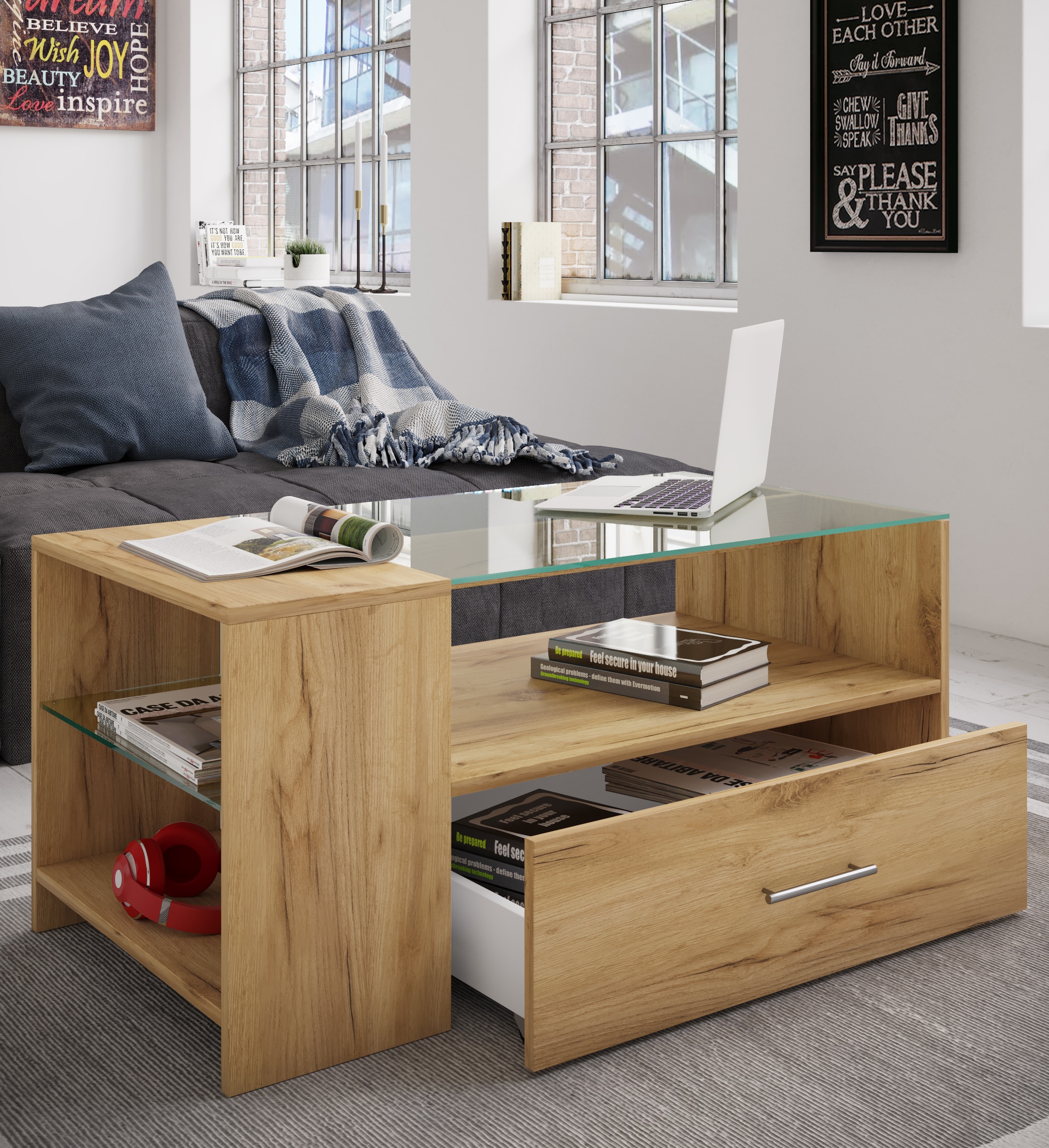 VCM Beistelltisch »Holz Sofatisch Couchtisch Schublade Glas Tindala«