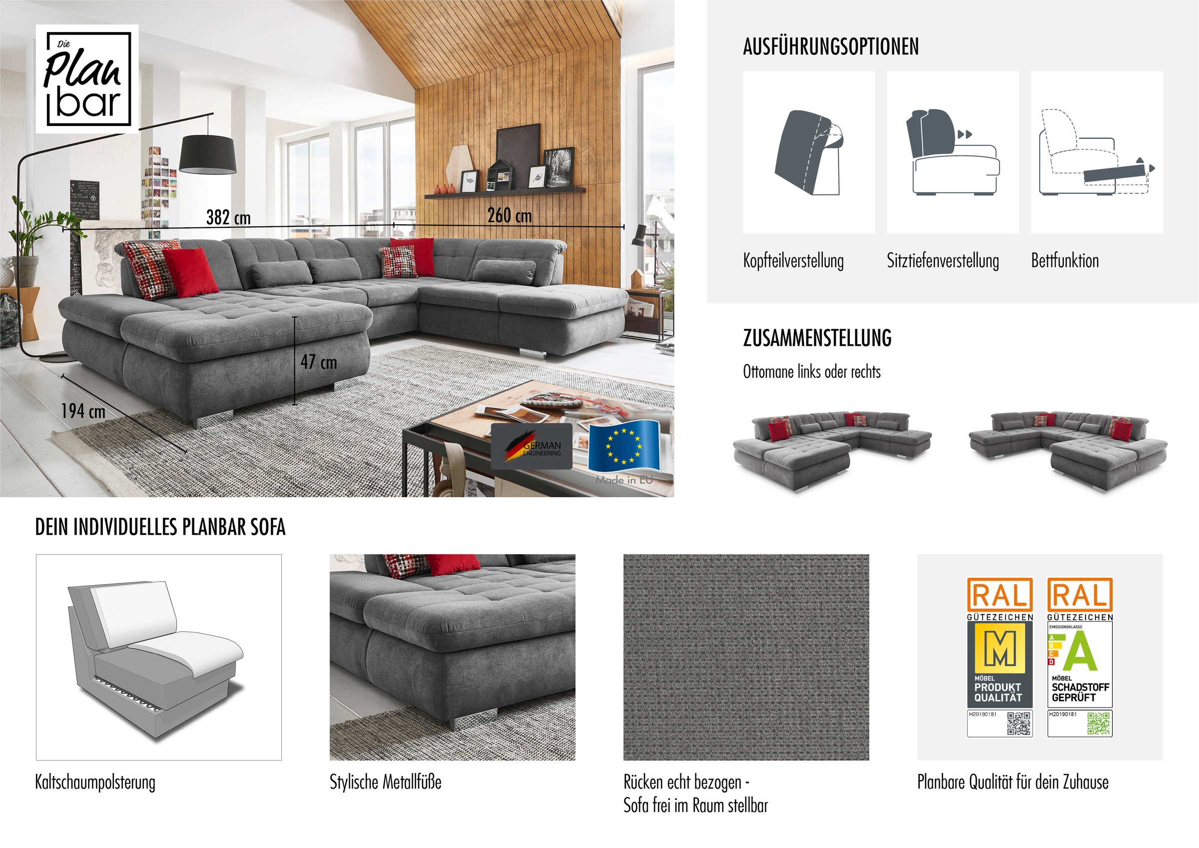 Thumbnail - Die PlanBar Wohnlandschaft "MP-IN17004 U-Form, Breite 382 cm, weitere Funktionen wählbar" wahlweise mit Funktionen, Kalt...