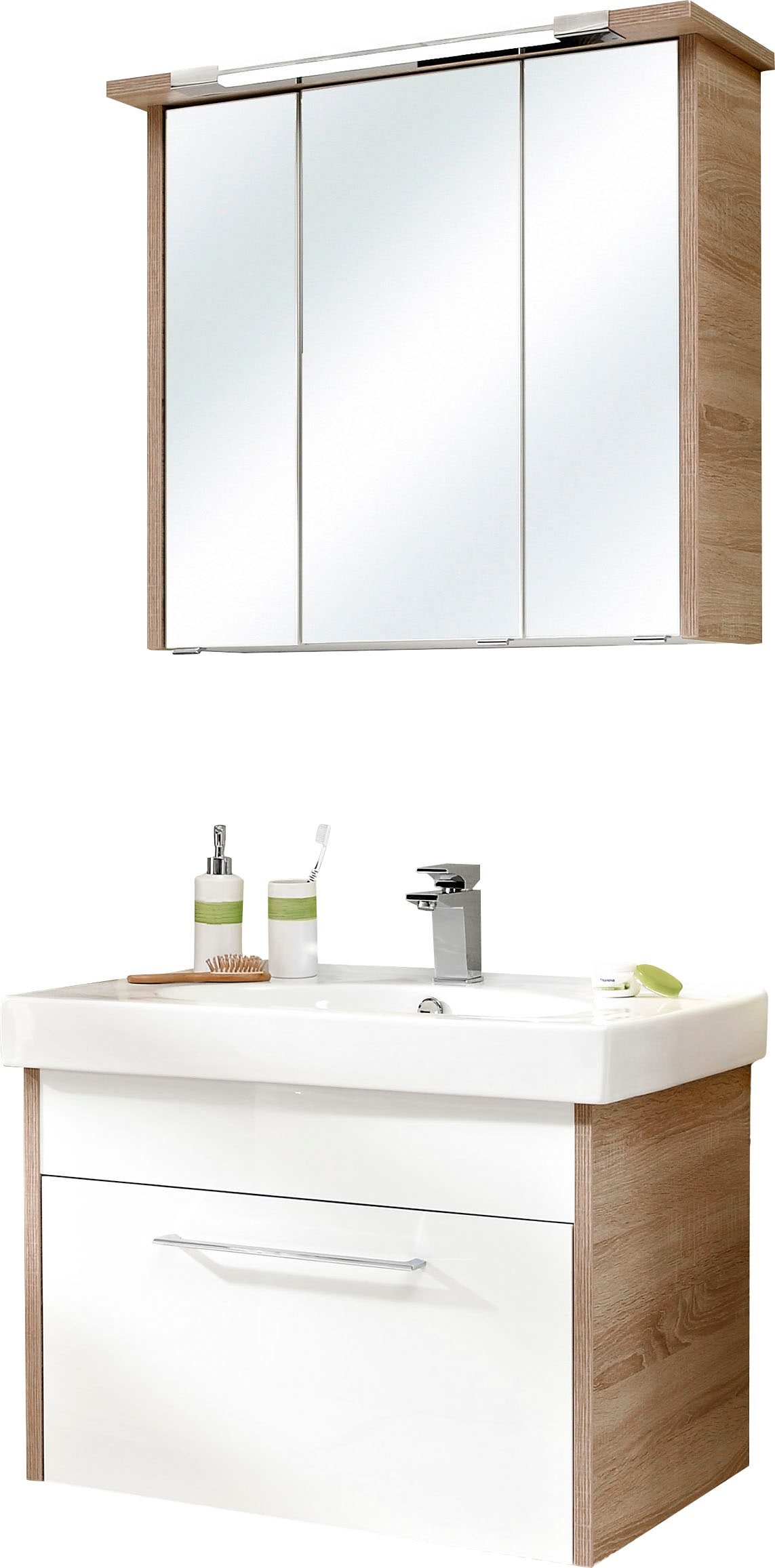 Saphir Badmöbel-Set "Quickset 382 2-teilig Keramik-Waschtisch mit LED-Spiegelschrank", (2 St.), 80 cm breit, 1 Schublade