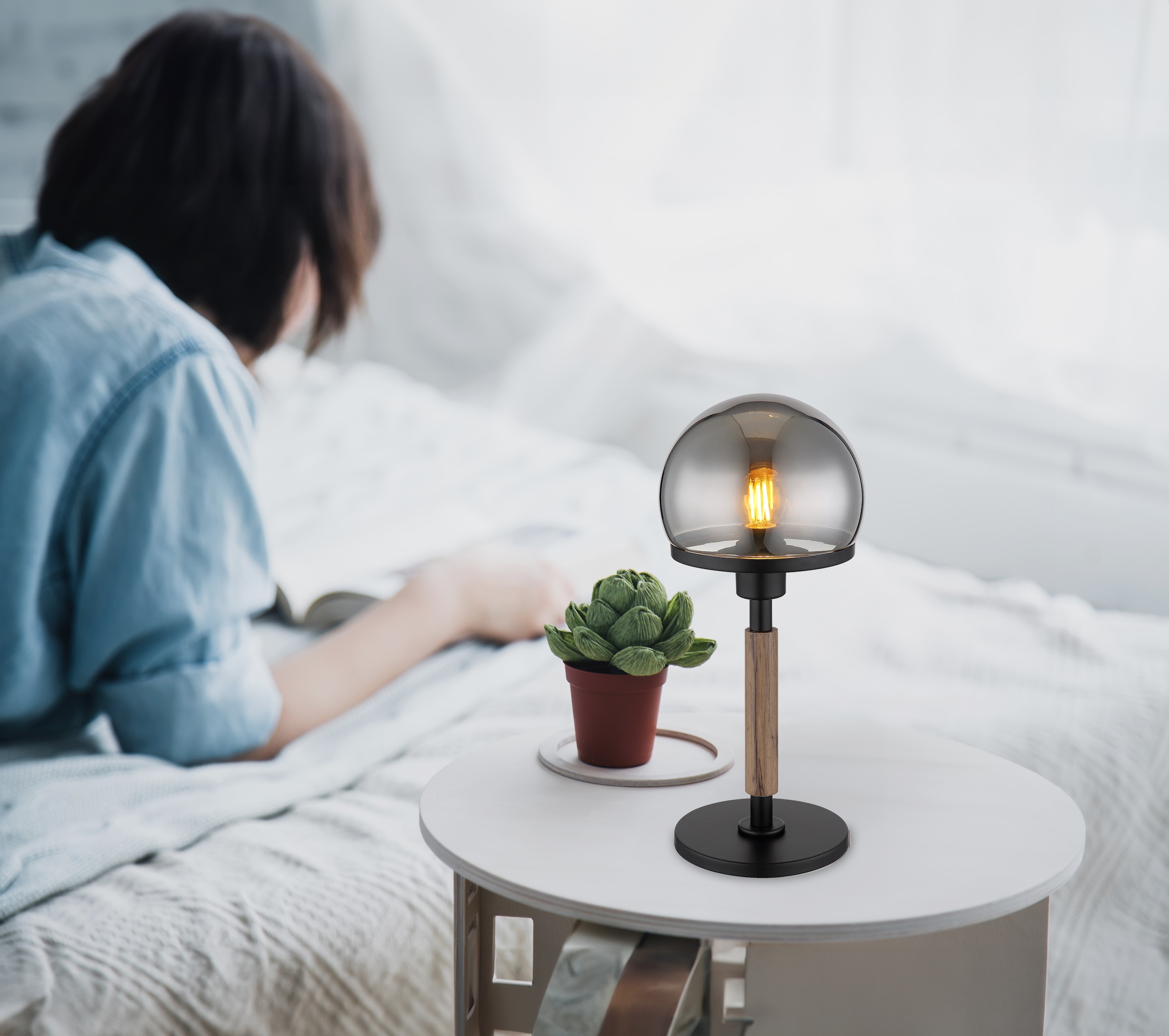 GLOBO LIGHTING Tischleuchte »HAKU«, Leuchtmittel E27 | ohne Leuchtmittel, Tischlampe/Schlafzimmer/Wohnzimmer/Glas rauchfarben
