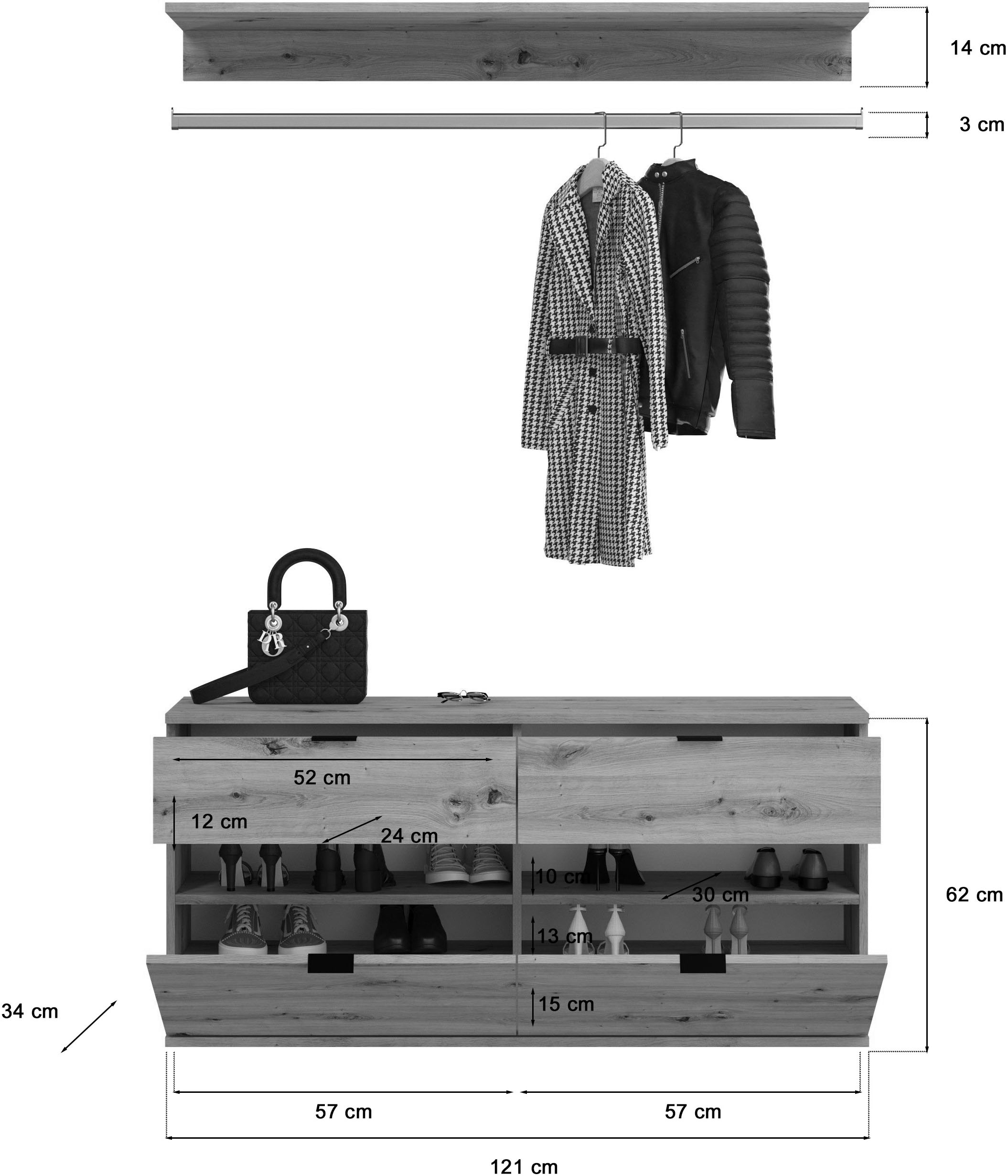 INOSIGN Garderoben-Set »Trondheim, Breite 212 cm, 5-teilig, bestehend aus:«, (Set, 4 St.), 2x Garderobenschrank, 1 Kommode, 1 Garderobenstange, 1 Ablageboden