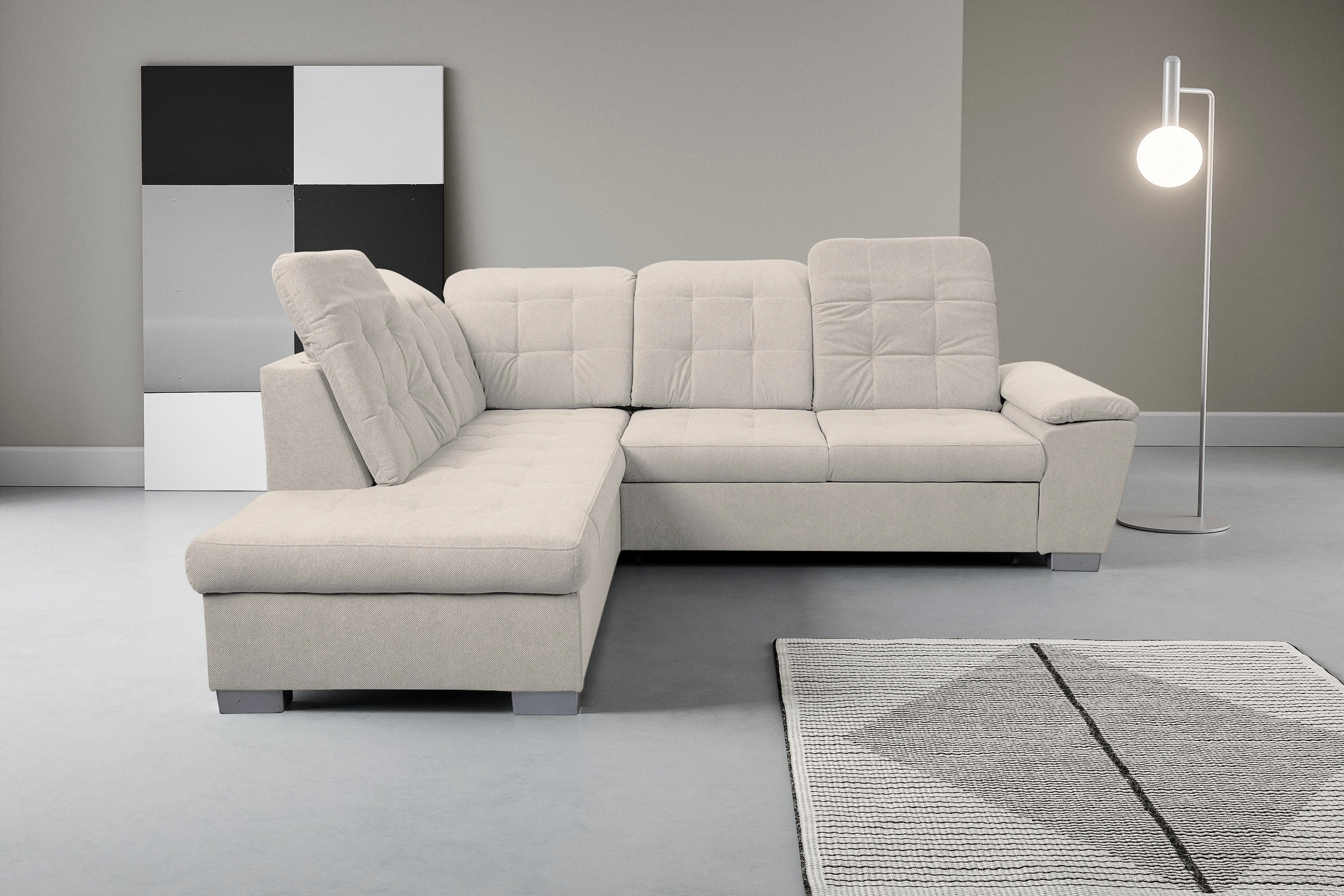 WERK2 Ecksofa "Bonny 265 x 215 cm inkl. Kopfteilverstellung modern und bequem" Webstoff, L-Form, Schlaffunktion, Bettkasten