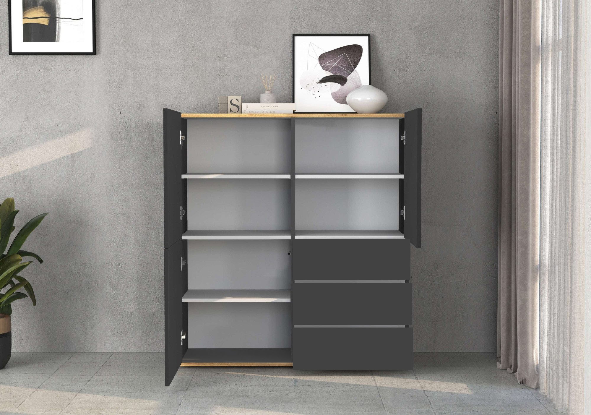 INOSIGN Highboard »GARDA Highboard, Kommode, Schrank, Grifflos mit Push to Open«, (1 St.), 3 Türen, 3 Schubladen, grifflos Breite 102 cm