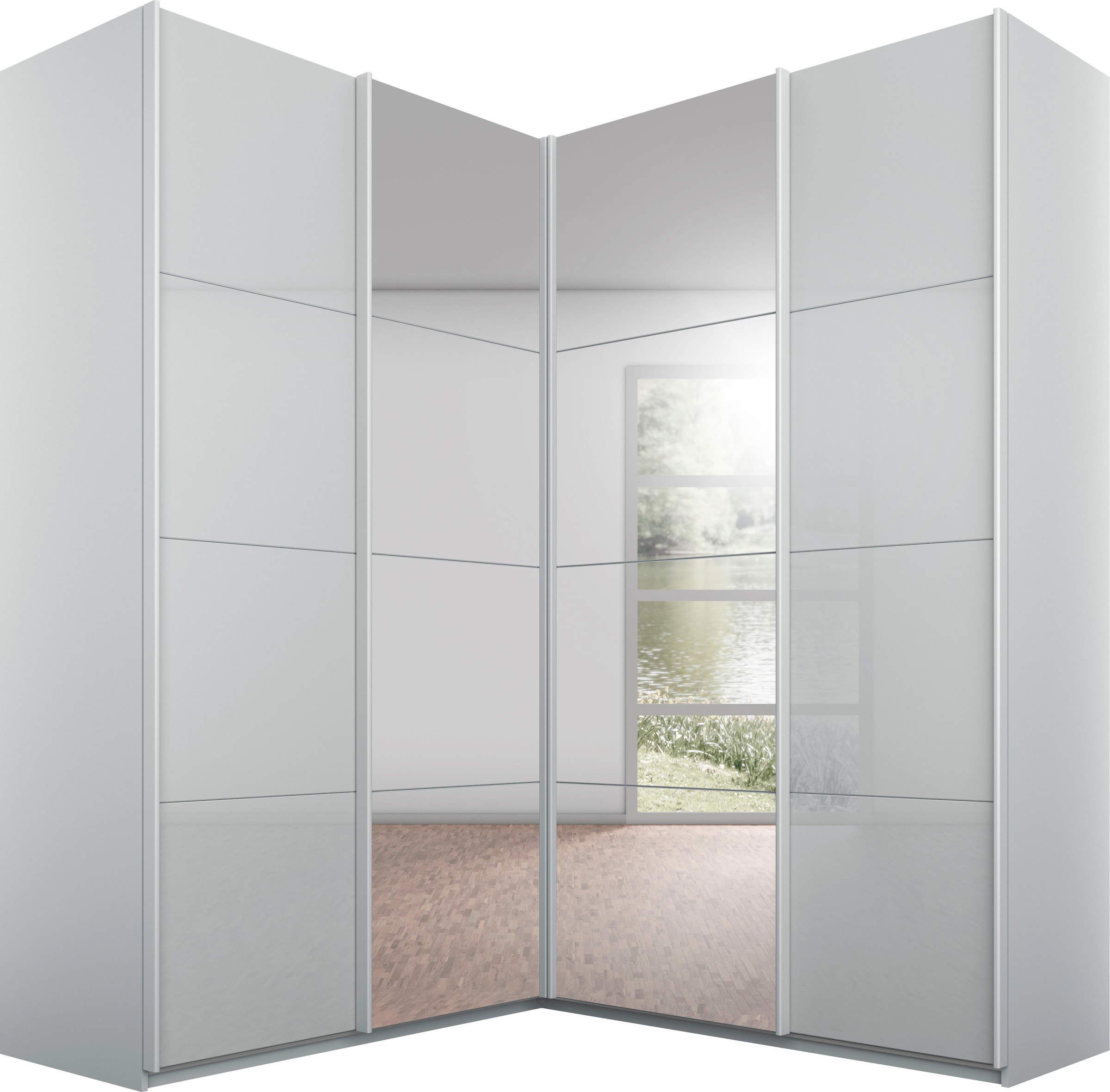 rauch Schwebetürenschrank "Kleiderschrank Garderobe Eckkleiderschrank QUADRA mit edler Glasfront" in den Höhen 210/229 cm, inkl. Soft-Close-Funktion, großer Eckschrank mit viel Stauraum, Maß 181x187 cm MADE IN GERMANY