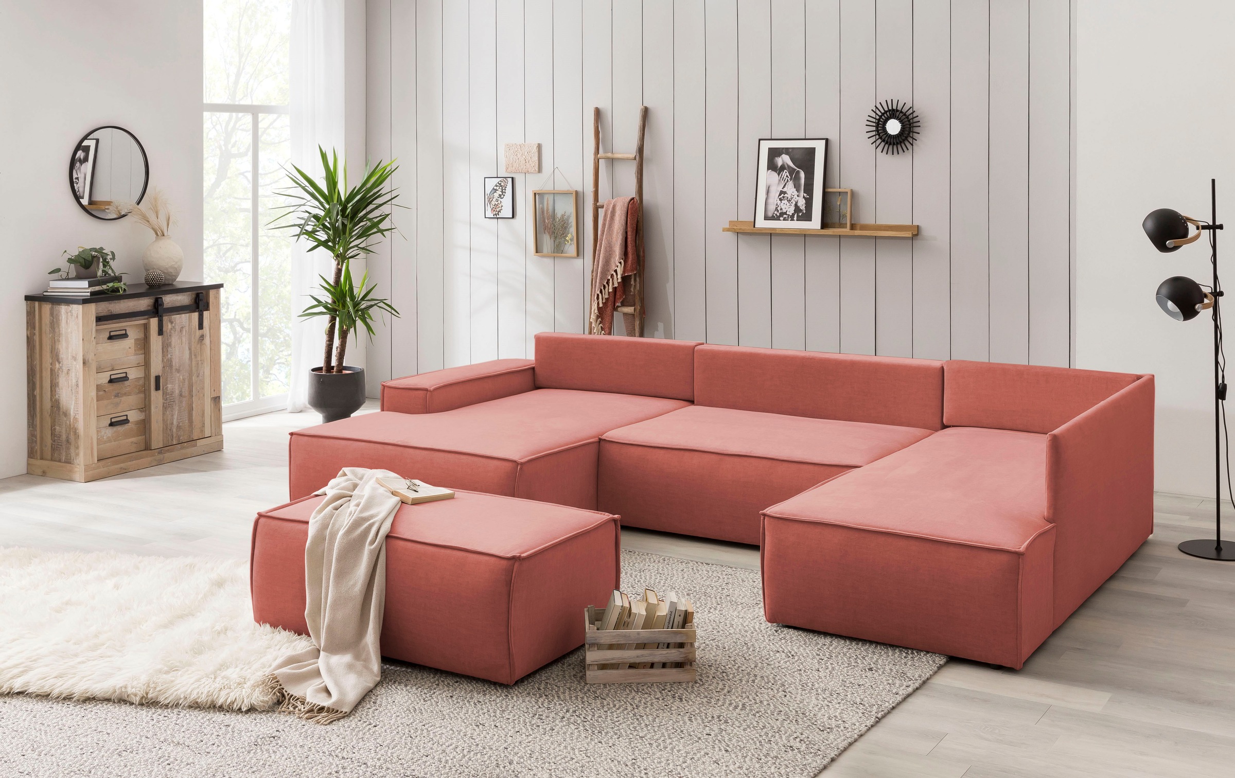 Home affaire Wohnlandschaft »SHERWOOD 329 cm, U-Form, Schlafsofa,«, Schlaffunktion m. Bettkasten (194x139 cm), Cord, Vintage, Samtvelours
