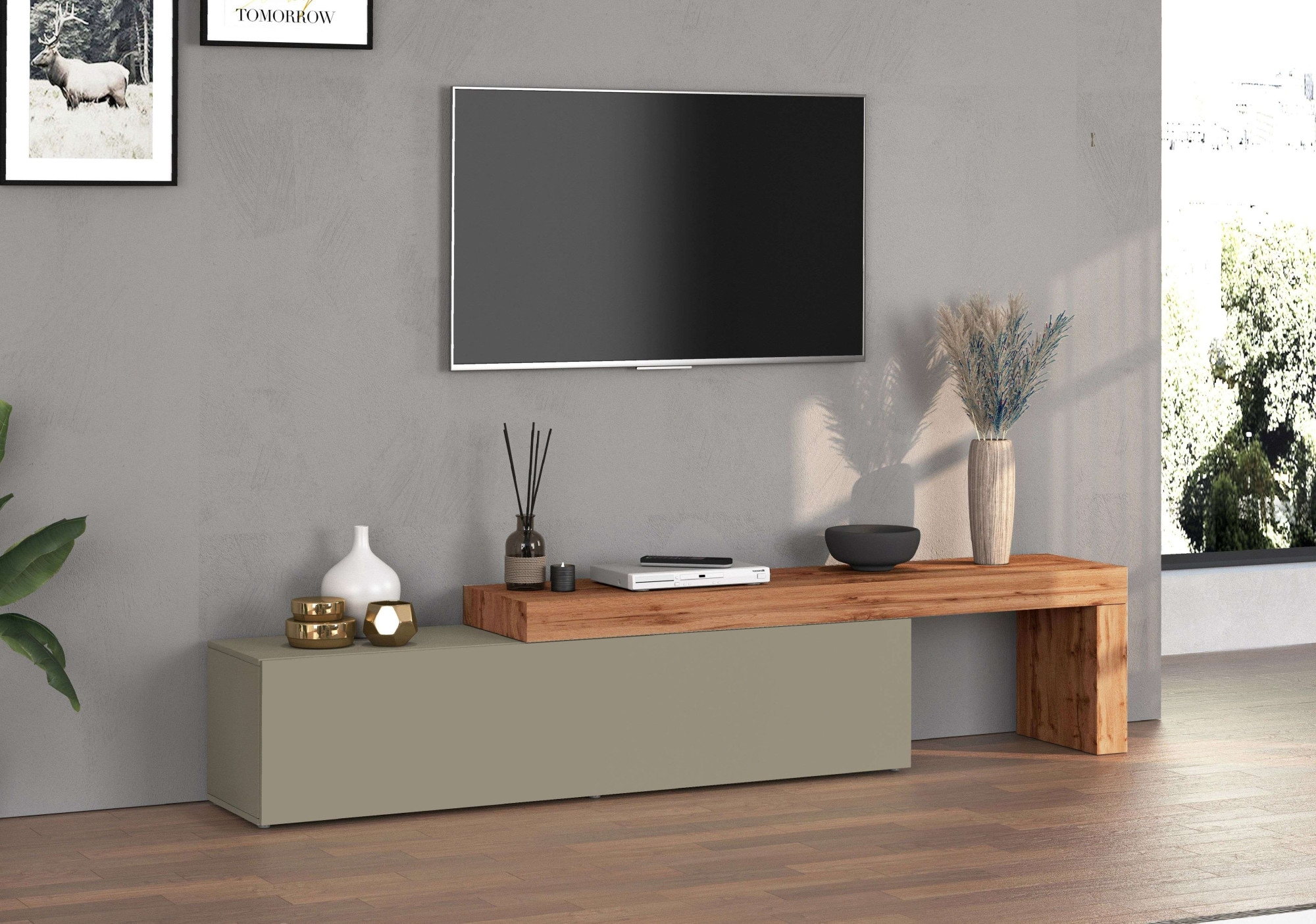 INOSIGN Lowboard »Chronos TV-Board, TV-Schrank«, (1 St., Breite verstellbar von 190 bis 350 cm), Breite 270 cm TV-Board,Lowboard,1 Klappe und ein L-Förmiger Aufsatz