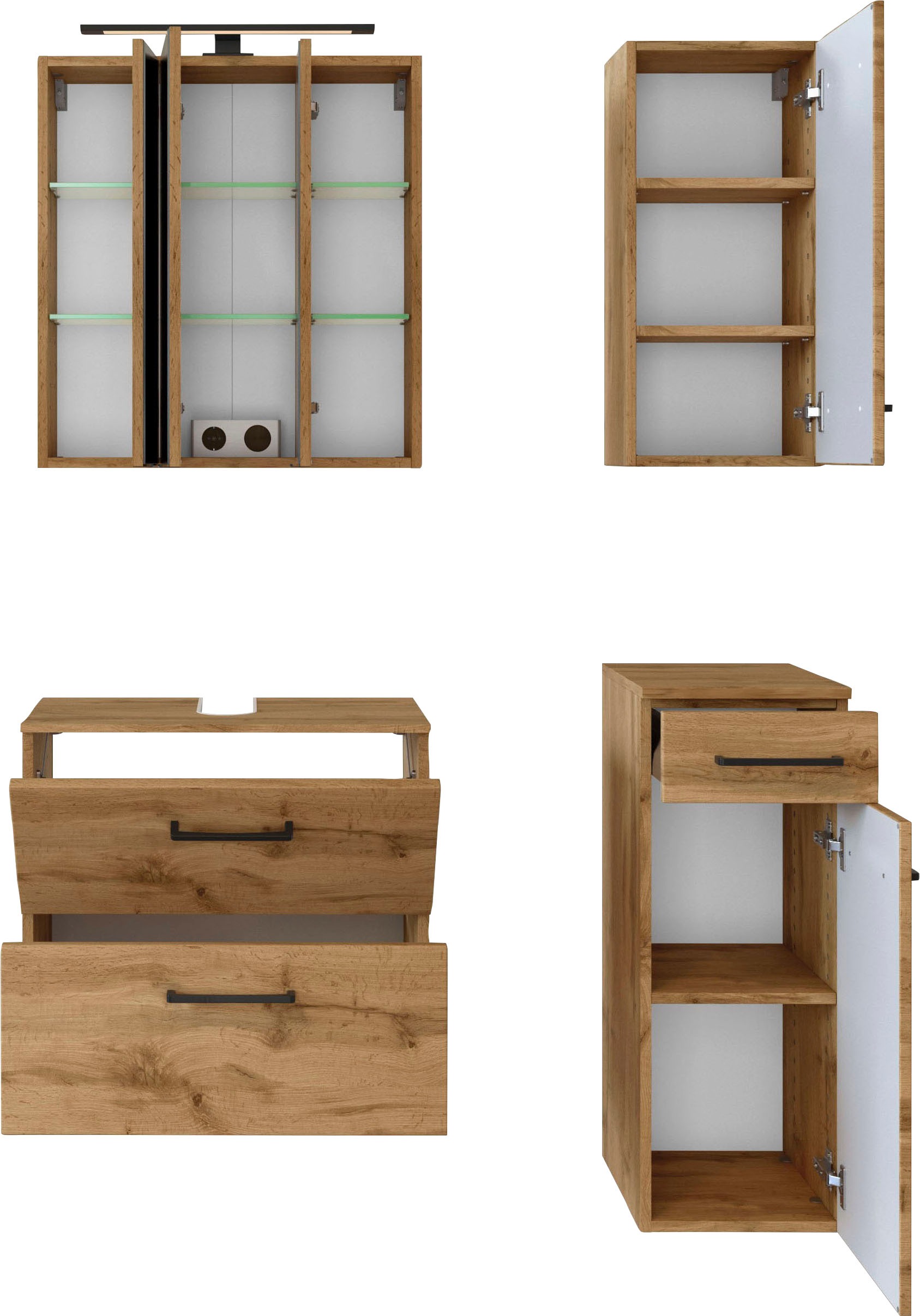 welltime Badmöbel-Set »Chicago«, (4 St., Spiegelschrank, Unterbeckenschrank, Hängeschrank, Unterschrank)