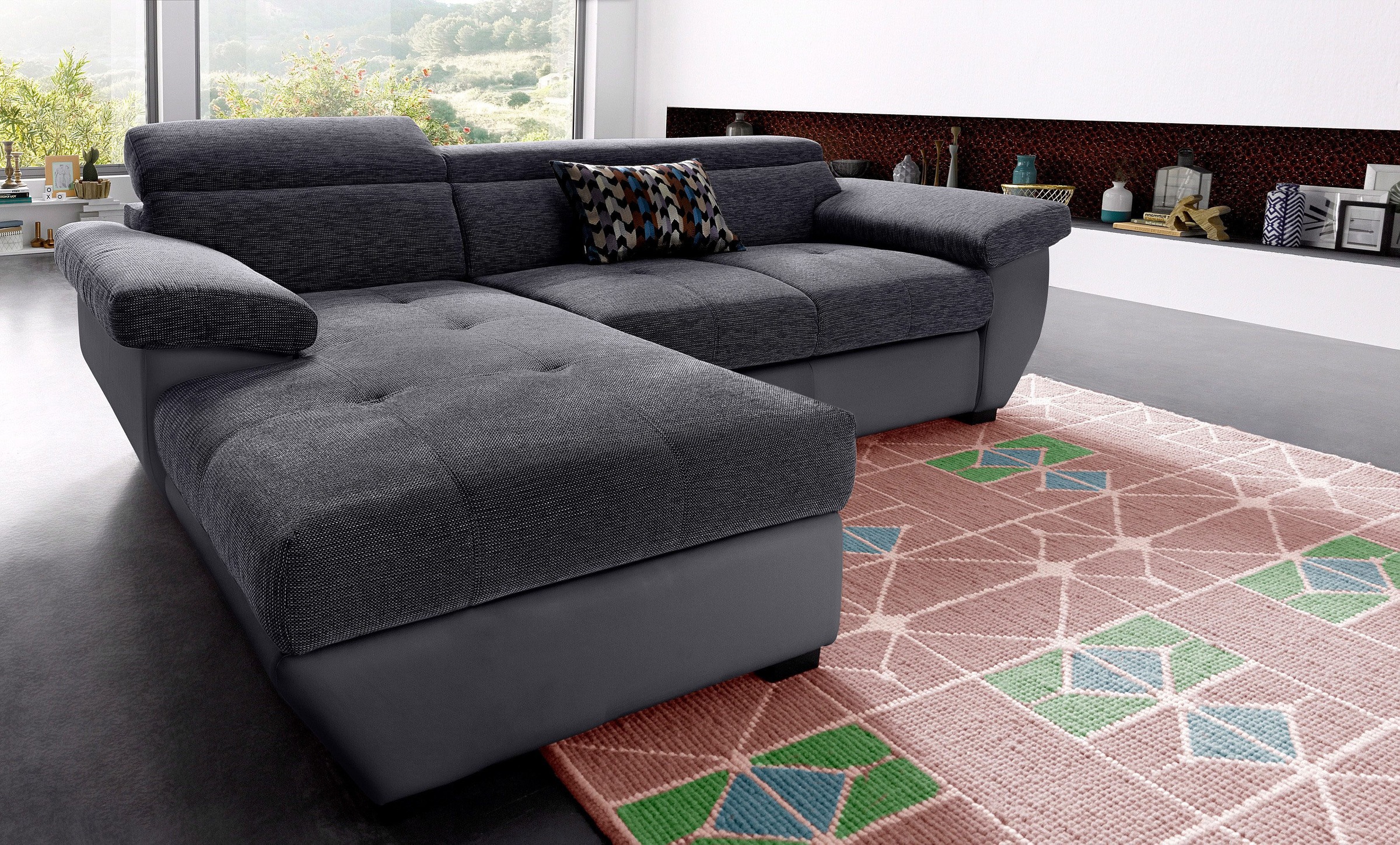 Ecksofa COTTA "Speedway L-Form", schwarz, schwarz, B:265cm H:79cm T:102cm, Edles Flachgewebe ( 100% Polyester ) / Feine Struktur ( 100% Polyester );Kunstleder SOFTLUX / Luxus-Microfaser ( 100% Polyester );Kunstleder SOFTLUX / Struktur ( 100% Polyester ),  7