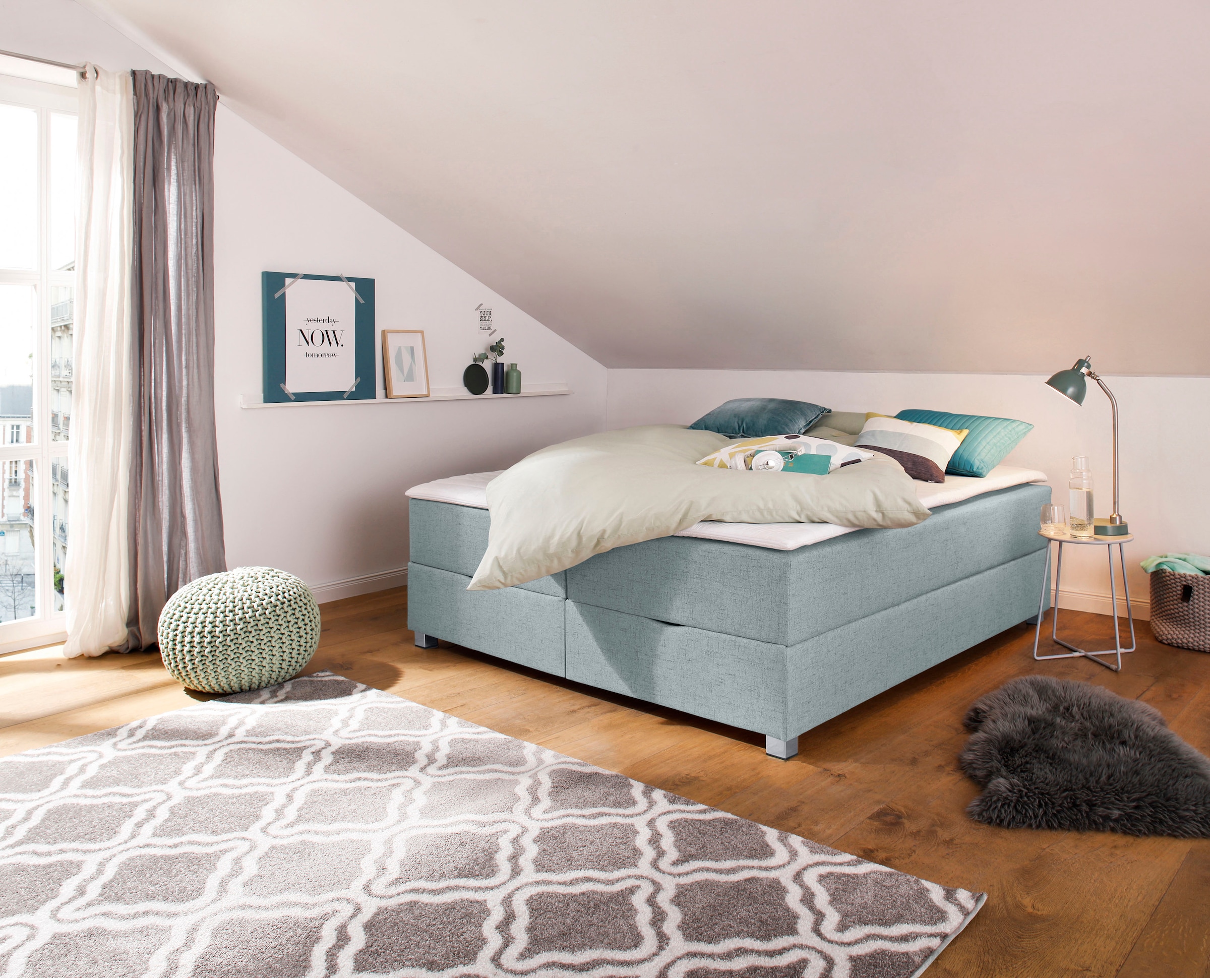 Boxbett HOME AFFAIRE "Alexis", blau (petrol), B:200cm L:200cm, Struktur fein (100% Polyester), Komplettbetten, ohne Kopfteil - ideal für Räume mit Dachschrägen; in 4 Breiten