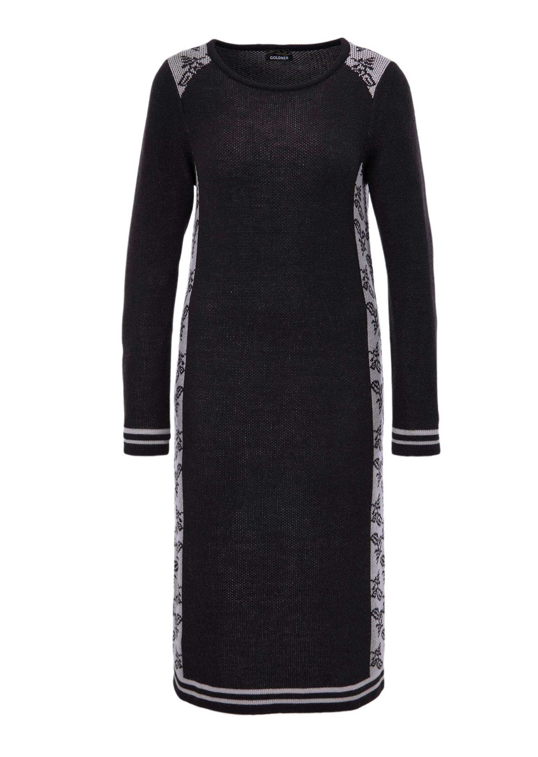 GOLDNER Damen Strickkleid "Kurzgröße Jacquard Strickkleid"schwarz, silbergrau, gemustert, Gr. 21, Kleider