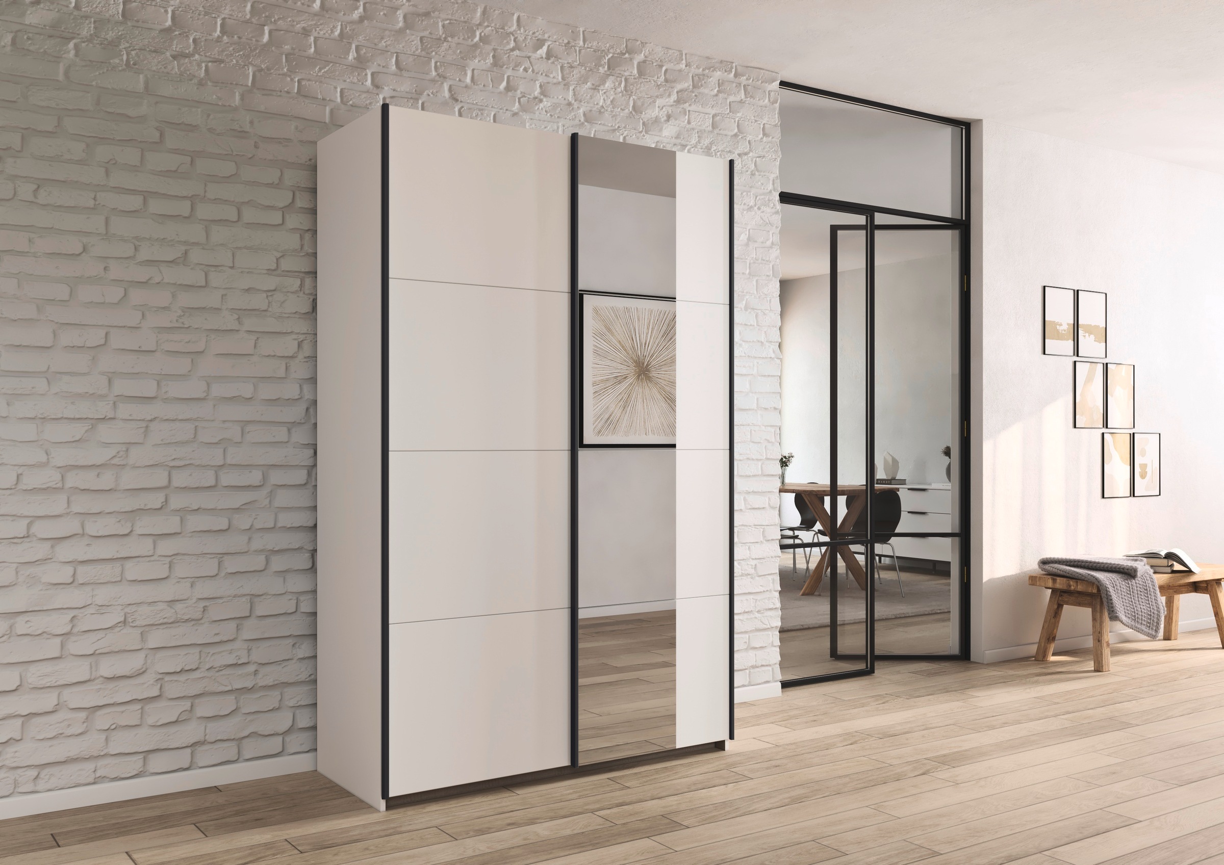 rauch Schwebetürenschrank »Kleiderschrank Schrank Garderobe Schlafzimmerschrank OXFORD«, (in 3 verschiedenen Ausstattungen BASIC/CLASSIC/PREMIUM), mit Griffleisten aus Metall, auch für kleinere Räume MADE IN GERMANY