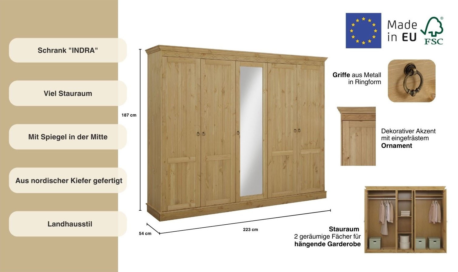 Thumbnail - Home affaire Drehtürenschrank "Indra" 3 Breiten: 100/145/233 cm H/T ca.187/54 cm, aus massiver Kiefer, mit Spiegel bei d...