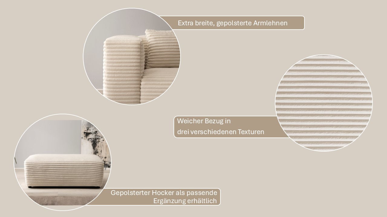 andas 3-Sitzer »BAKELS, Couch in Cord oder Boucle-Stoff, Sofa im modernen Design«, bequemer Sitzkomfort,in 2 Stoffen und 8 Farben lieferbar