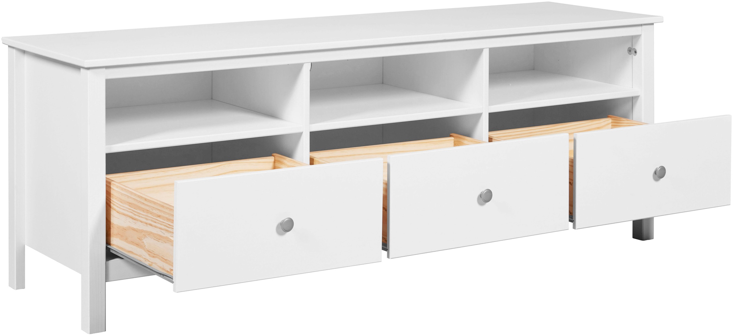Inter Link TV-Board »Pinora, Kiefer Massivholz, Weiss, 160 x 45 x 57 cm, viel Stauraum« 1 Stk. tlg. TV Lowboard im modernem Skandi Look, 3 Schubladen, Kabeldurchführung