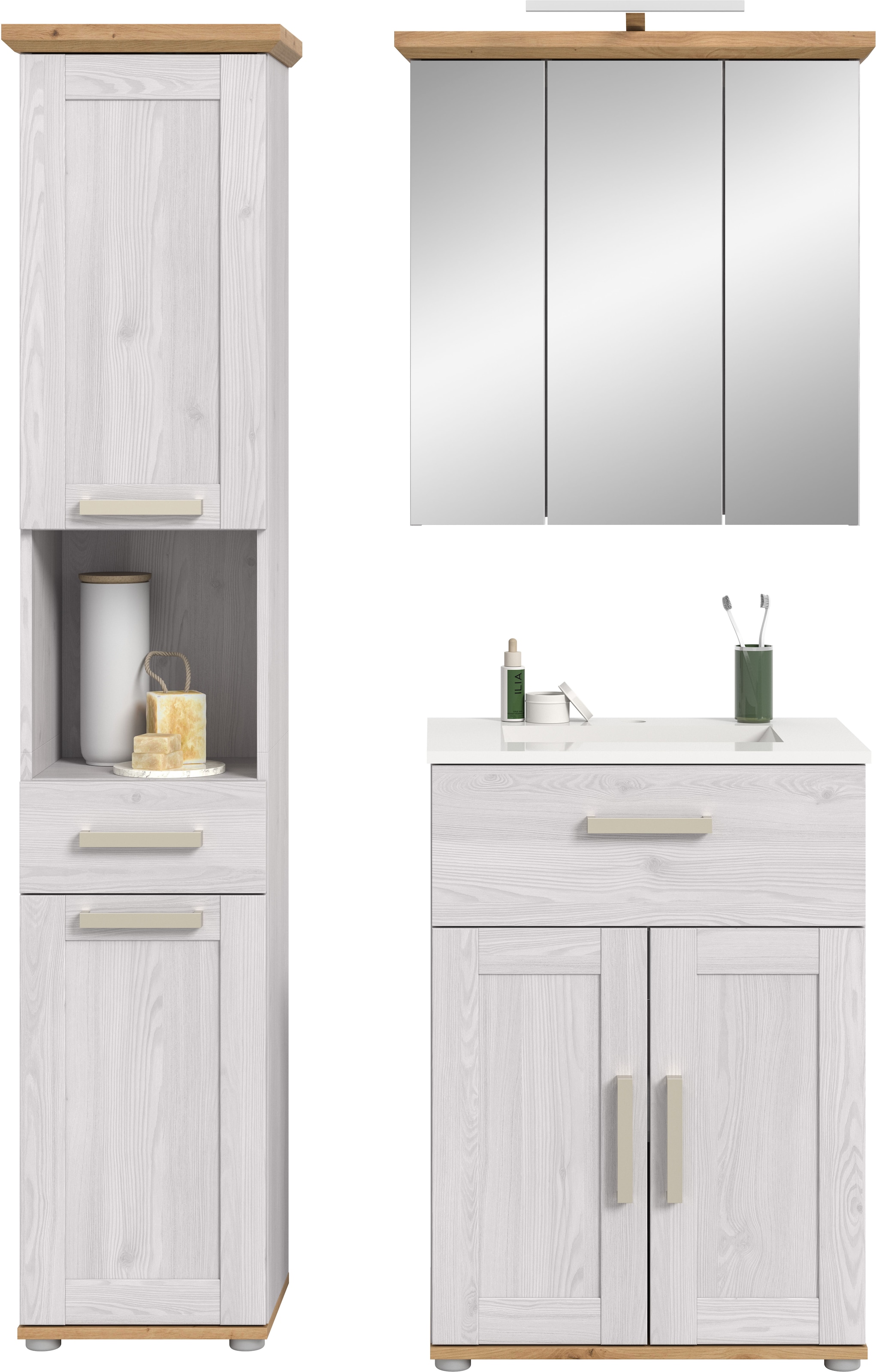welltime Badmöbel-Set »COSENZA, 3-teilig, inkl. Beleuchtung, mit farblich abgesetztem Kranz« best.aus: Hochschrank, Waschtisch inkl. Waschbecken & Spiegelschrank, 4 Stk. tlg.