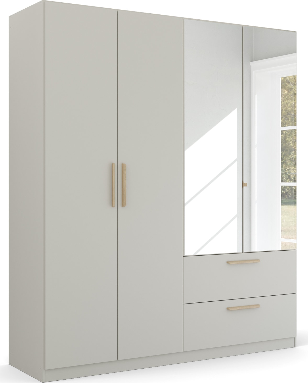 rauch Kleiderschrank "Drehtürenschrank Schrank Garderobe Ankleide SKANDI BY QUADRA SPIN" Breiten: 181/226/271 cm, Höhe 210 cm, im Landhaus-Stil mit Massivholzgriffen, mit Schubladen und Spiegel