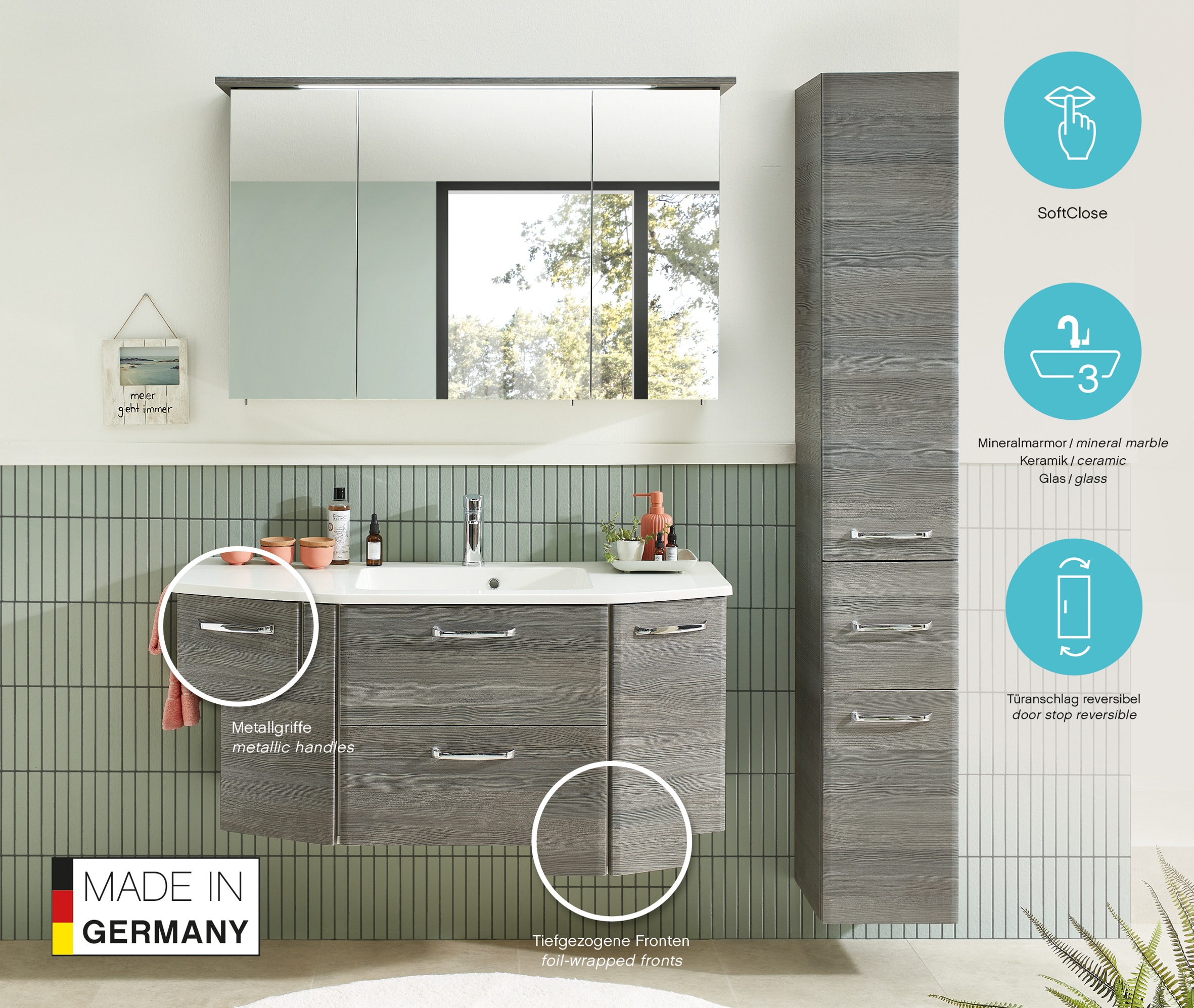 Saphir Hochschrank »Quickset Badschrank 30 cm breit, 2 Türen, 1 Schublade, 3 Einlegeböden« Badezimmer-Hochschrank inkl. Türdämpfer, Griffe in Chrom glänzend