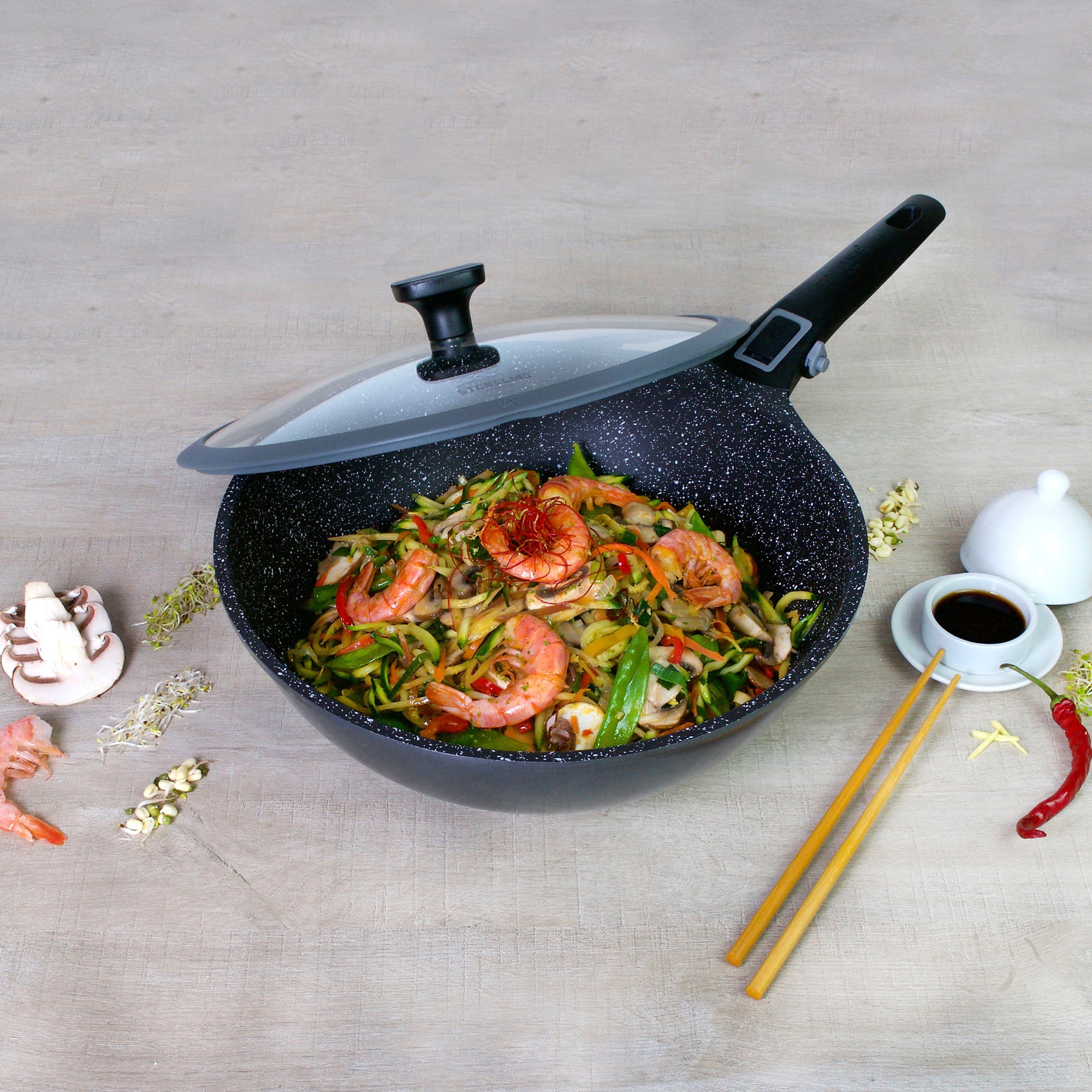 STONELINE Wok »Imagination PLUS«, Aluminiumguss, einzigartige Steinpartikel-Beschichtung, Ø 30 cm, Induktion