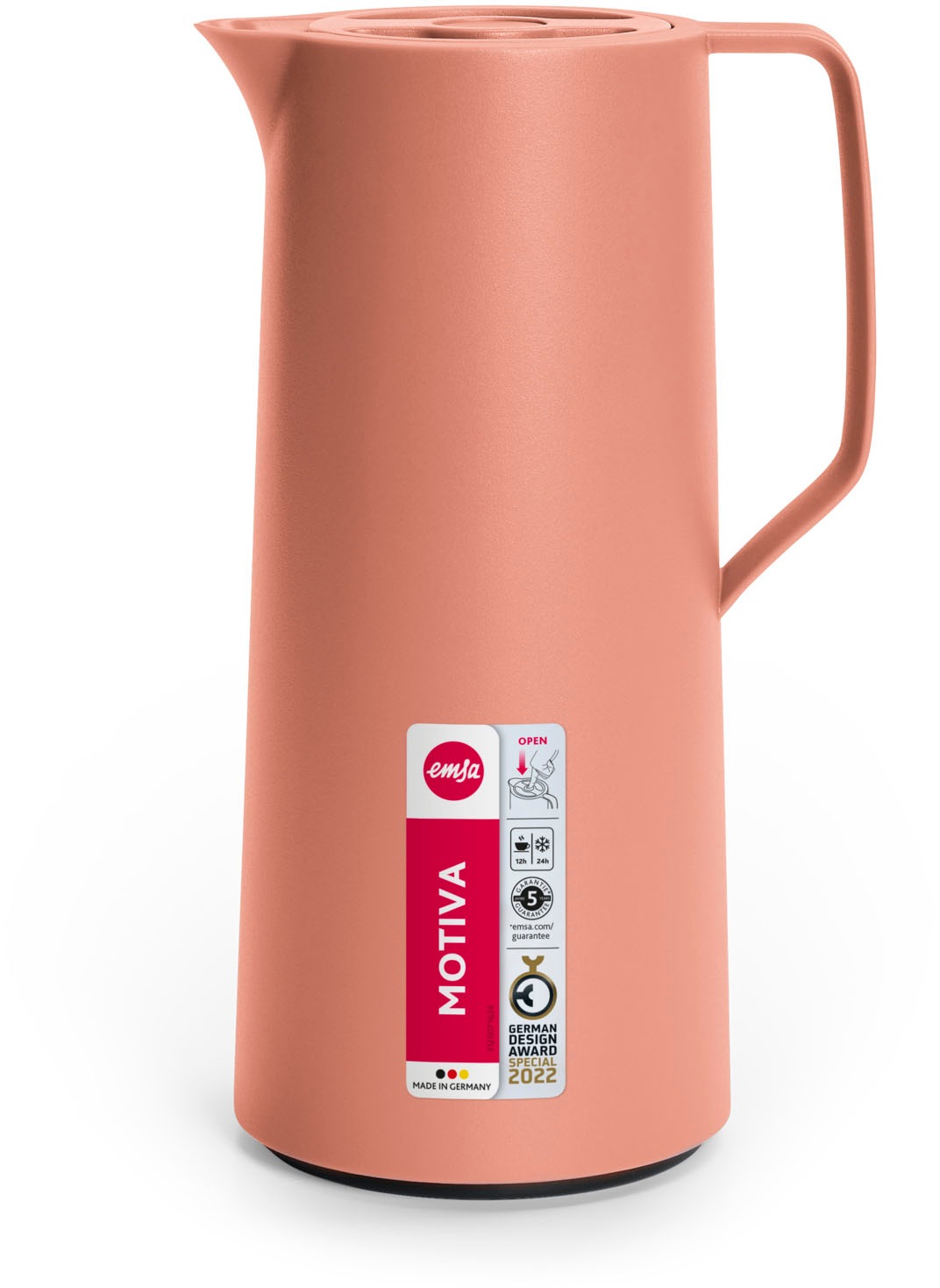Emsa Isolierkanne »Motiva in modernem Design, 100% auslaufsicher, Made in Germany«, 1 l, (doppelwandiger Glasisolierkolben, bis zu 12h warm/24h kalt), Quick-Press-Deckel, Einhandbedienung, ergonomischer Schraubdeckel