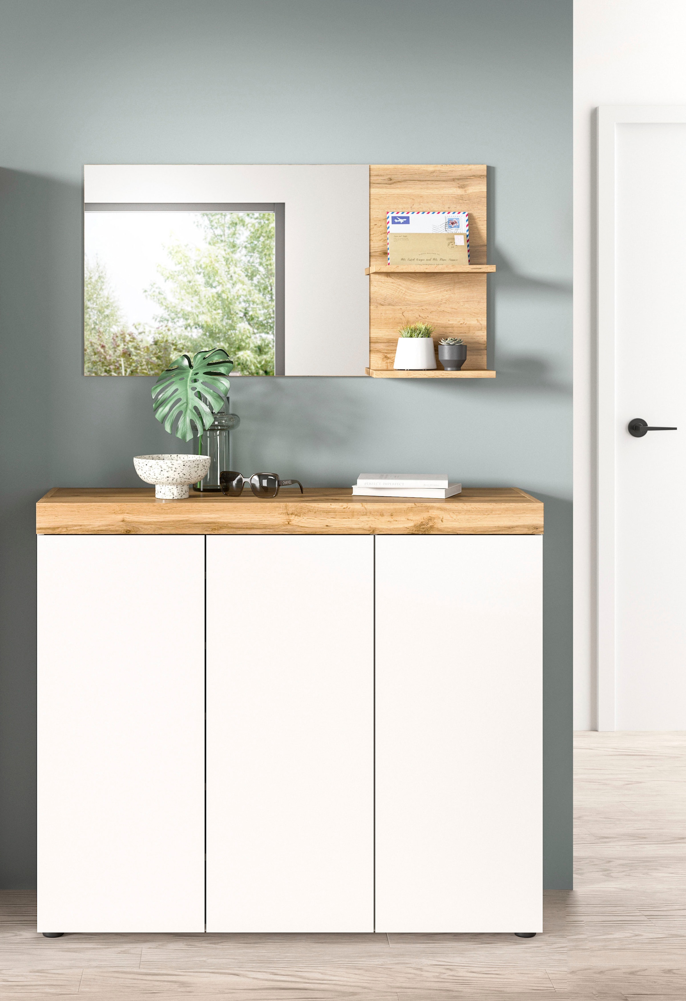 OTTO home Garderoben-Set »MAMBO, TOPSELLER!, 2-teilige Kombination, stehend & hängend montierbar« bestehend aus: Kommode, Spiegel, 2 Stk. tlg.