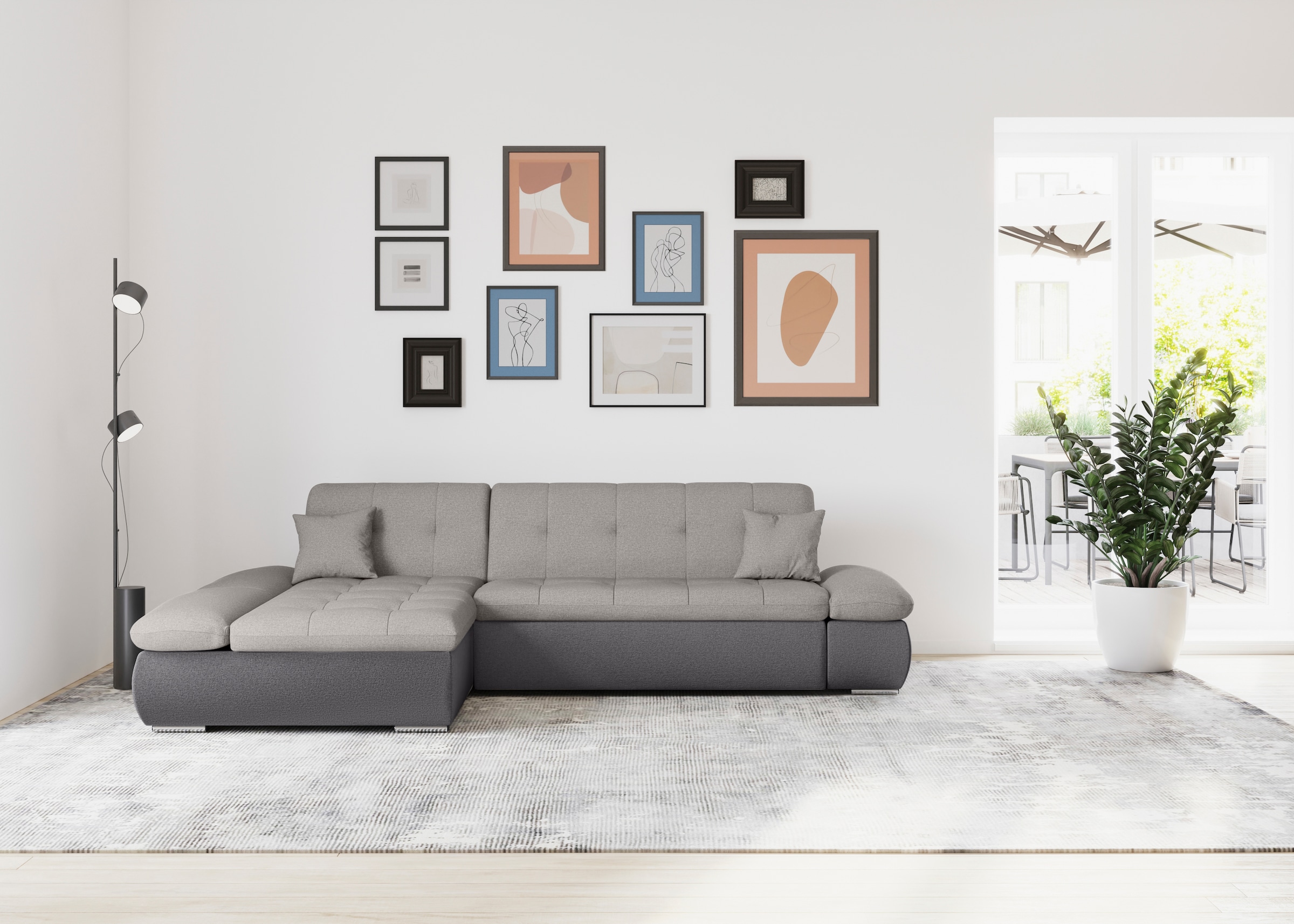 DOMO collection Ecksofa "MORIC 300x172 cm, XXL-Sofa mit viel Platz, L-Form, auch in Cord" wahlweise mit Bettfunktion und Armteilverstellung, grau-silber