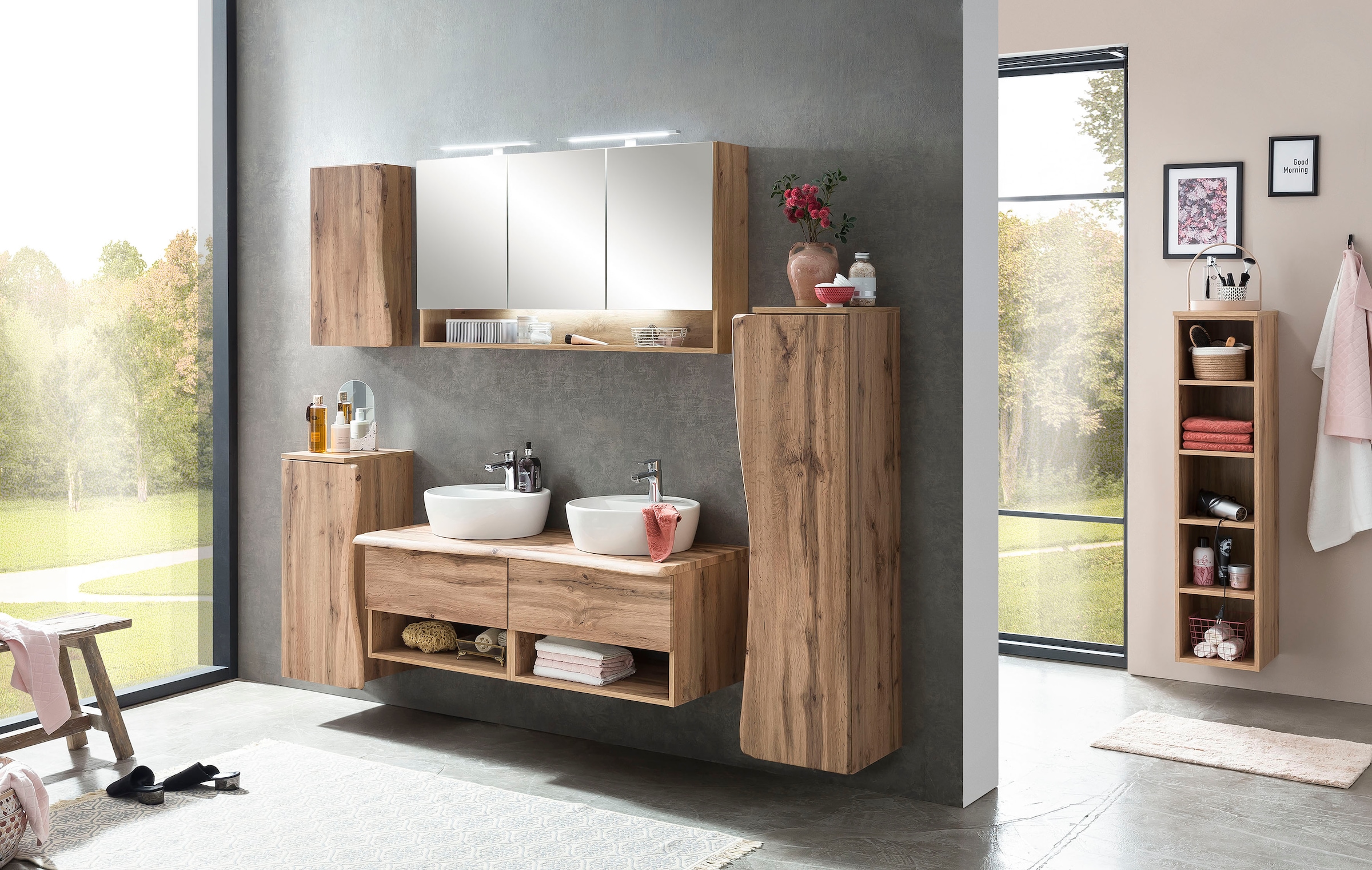welltime Waschbeckenschrank »Stubach«, Abdeckplatte mit Baumkante