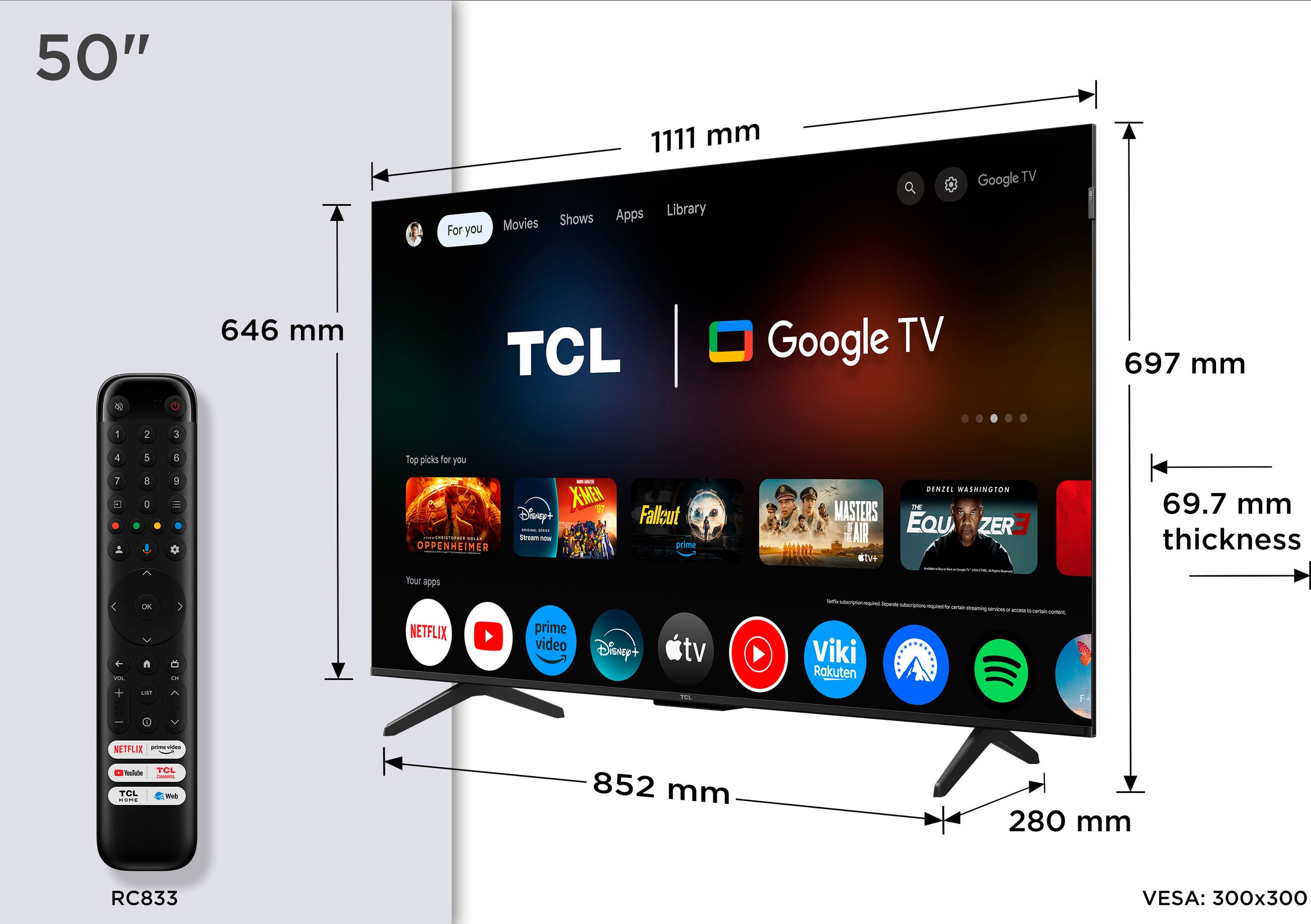 TCL QLED-Fernseher »50P71KX1«, 4K Ultra HD, Google TV-Smart-TV, Multi-HDR, Dolby Vision, Smart TV, Apple TV, Dolby Atmos, Slim Design