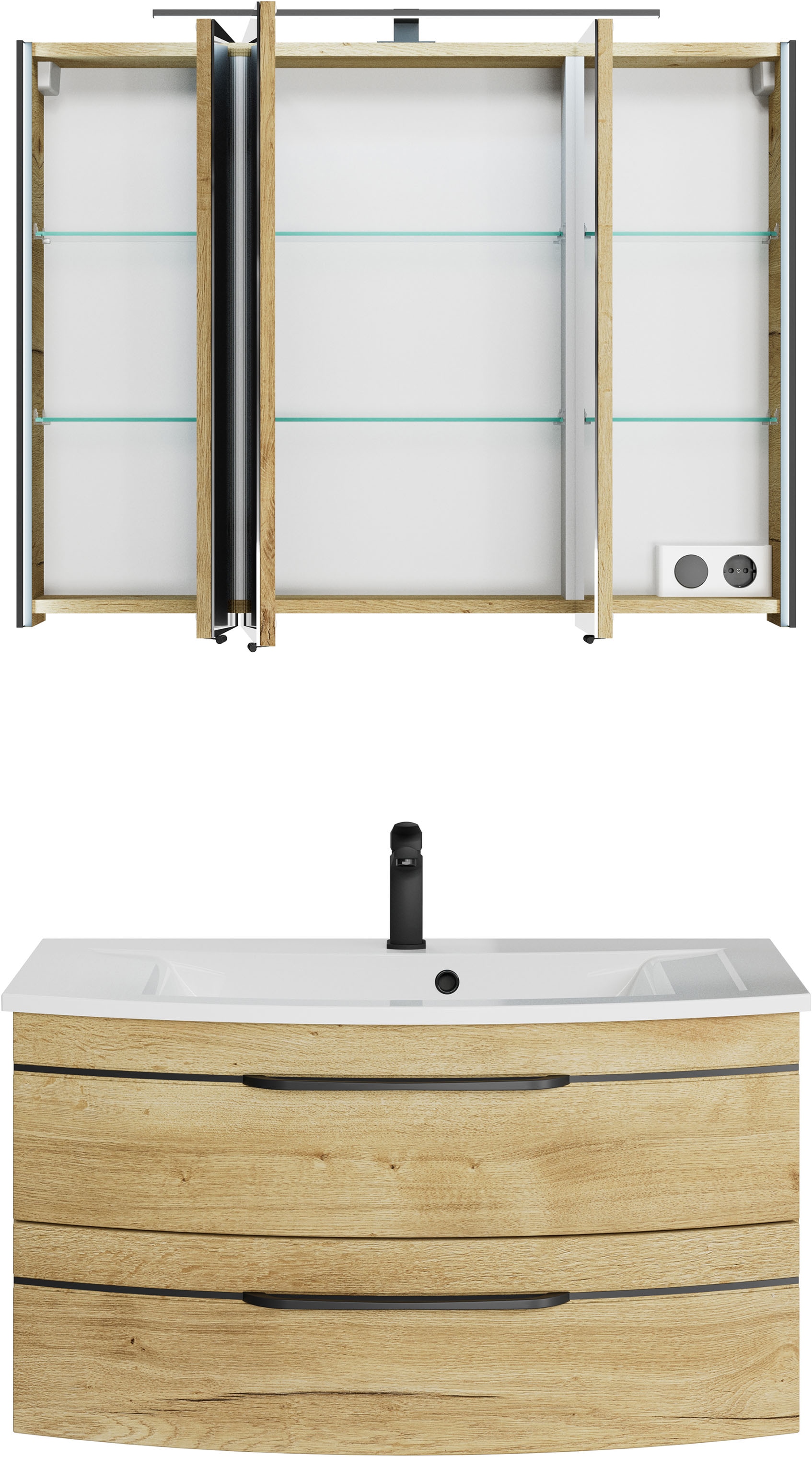 Saphir Badmöbel-Set »Serie 7045 2-teilig Mineralmarmor-Waschtisch mit LED-Spiegelschrank«, (Set, 2 St.), Badezimmer-Set 93,2 cm breit, inkl. Türdämpfer, 3 Türen, 2 Schubladen