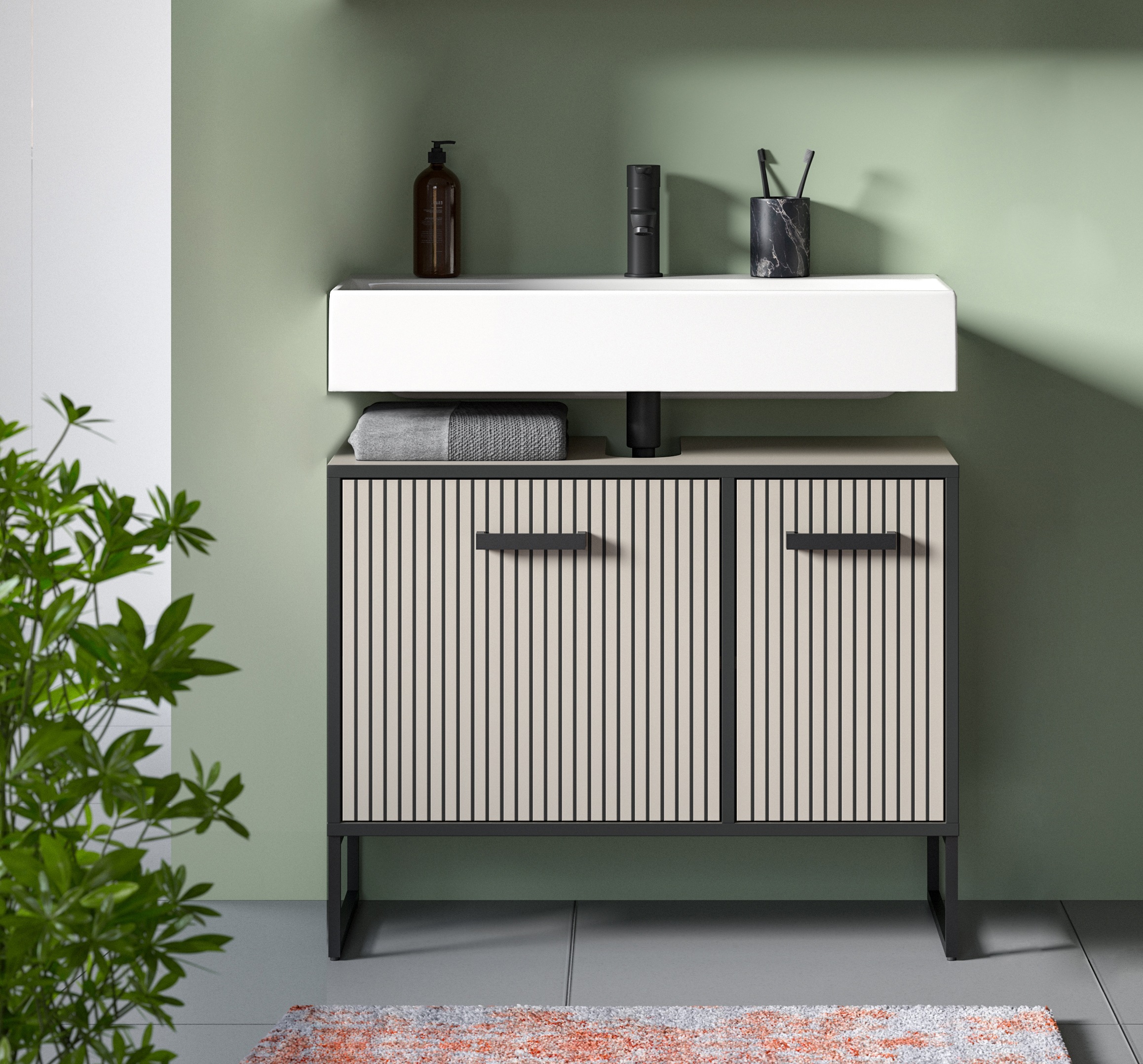 welltime Waschbeckenunterschrank "Locri, Höhe 63 cm, Rillenoptik, Metall Ku günstig online kaufen