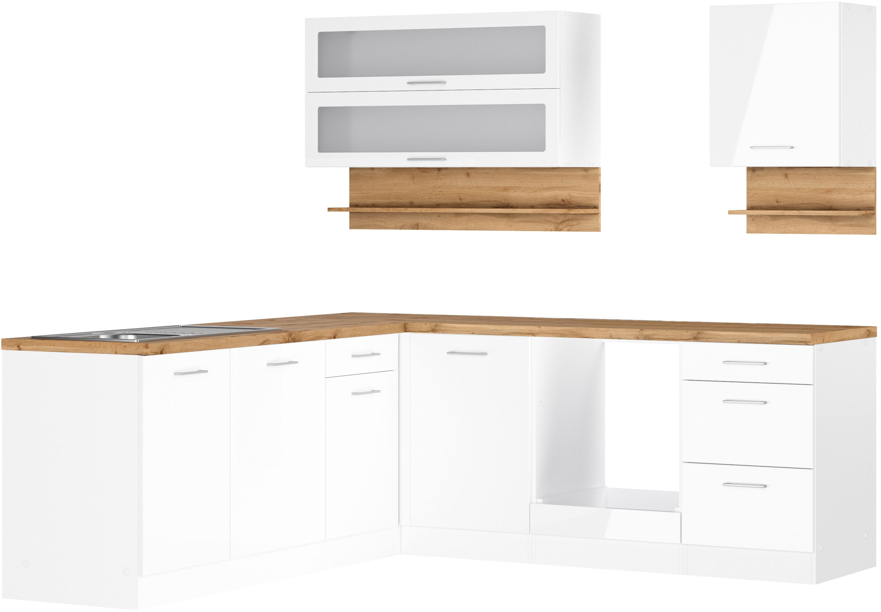 Winkelküche KOCHSTATION, B:220cm H:200cm T:60cm, weiß, Komplettküchen-Sets, "KS-Milan", Stellbreite 220/220 cm, viel Stauraum, wahlweise mit E-Geräten