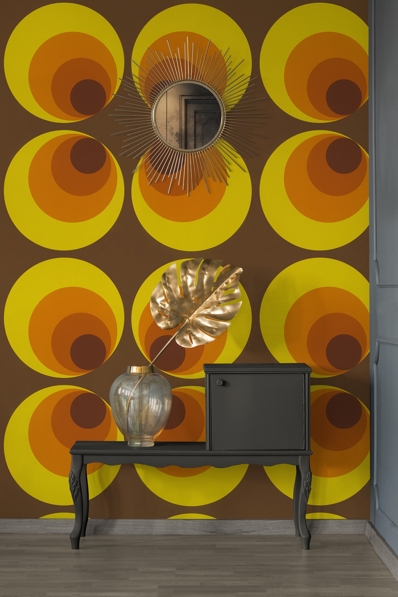 A.S. Création "Retro Chic Vliestapete Retro-Tapete mit Vintage Muster Braun Orange" Strukturmuster strukturiert Mustertapete mit Kreisen und Punkten im Retro-Stil Gelb Wohnzimmer