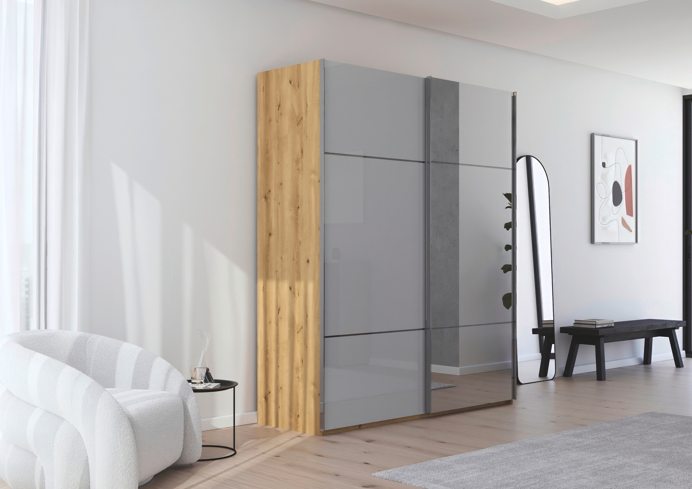 rauch Schwebetürenschrank »Kleiderschrank Schrank Garderobe Schlafzimmerschrank SCALE-TRIO«, edle dreigeteilte Front mit 2 Zierleisten Spiegel/Glas MADE IN GERMANY
