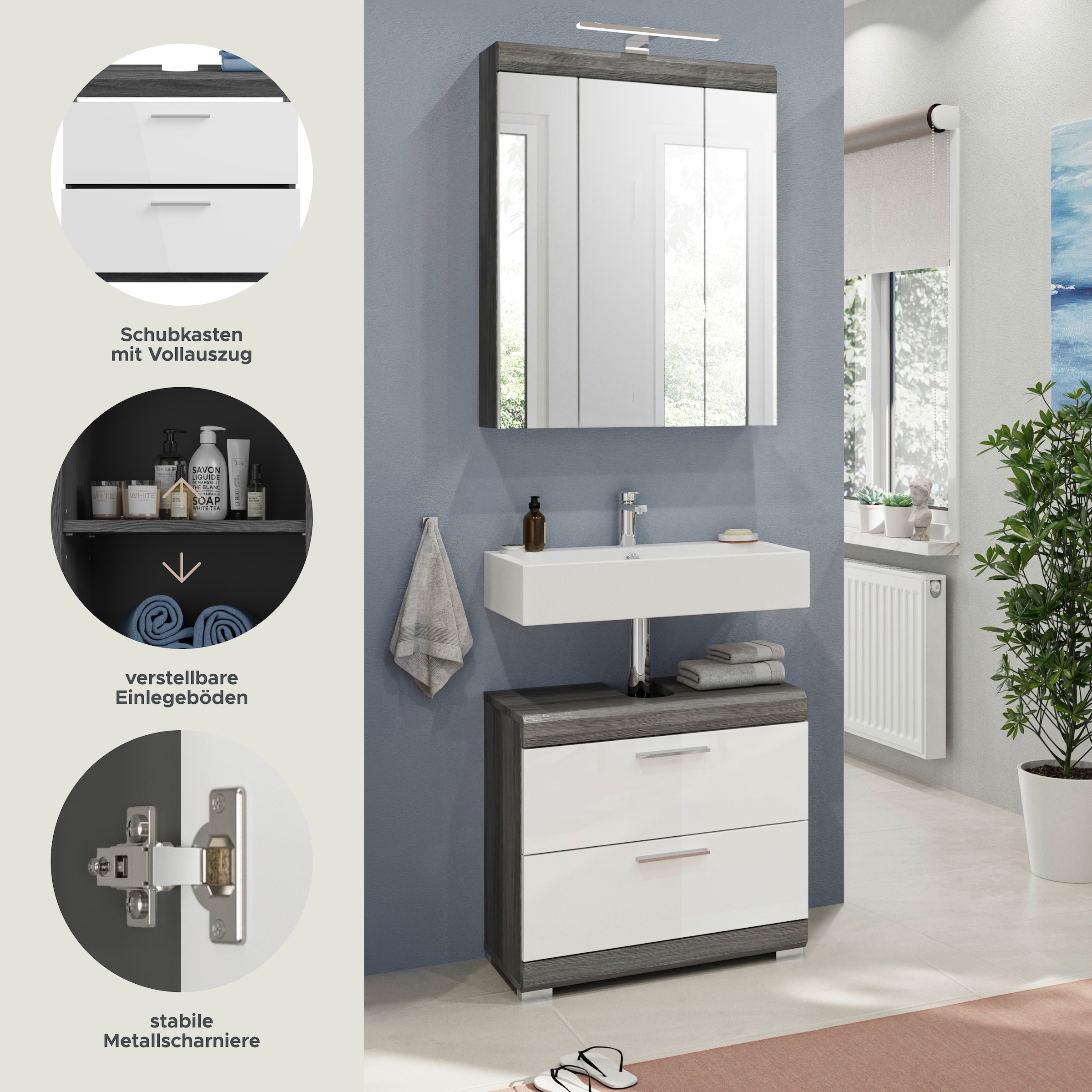 INOSIGN Badmöbel-Set »Siena, 2 teilig, inklusive LED Beleuchtung, bestehend aus:«, (Set, 2 St.), Waschbeckenunterschrank, Spiegelschrank, LED Badaufsatzleuchte