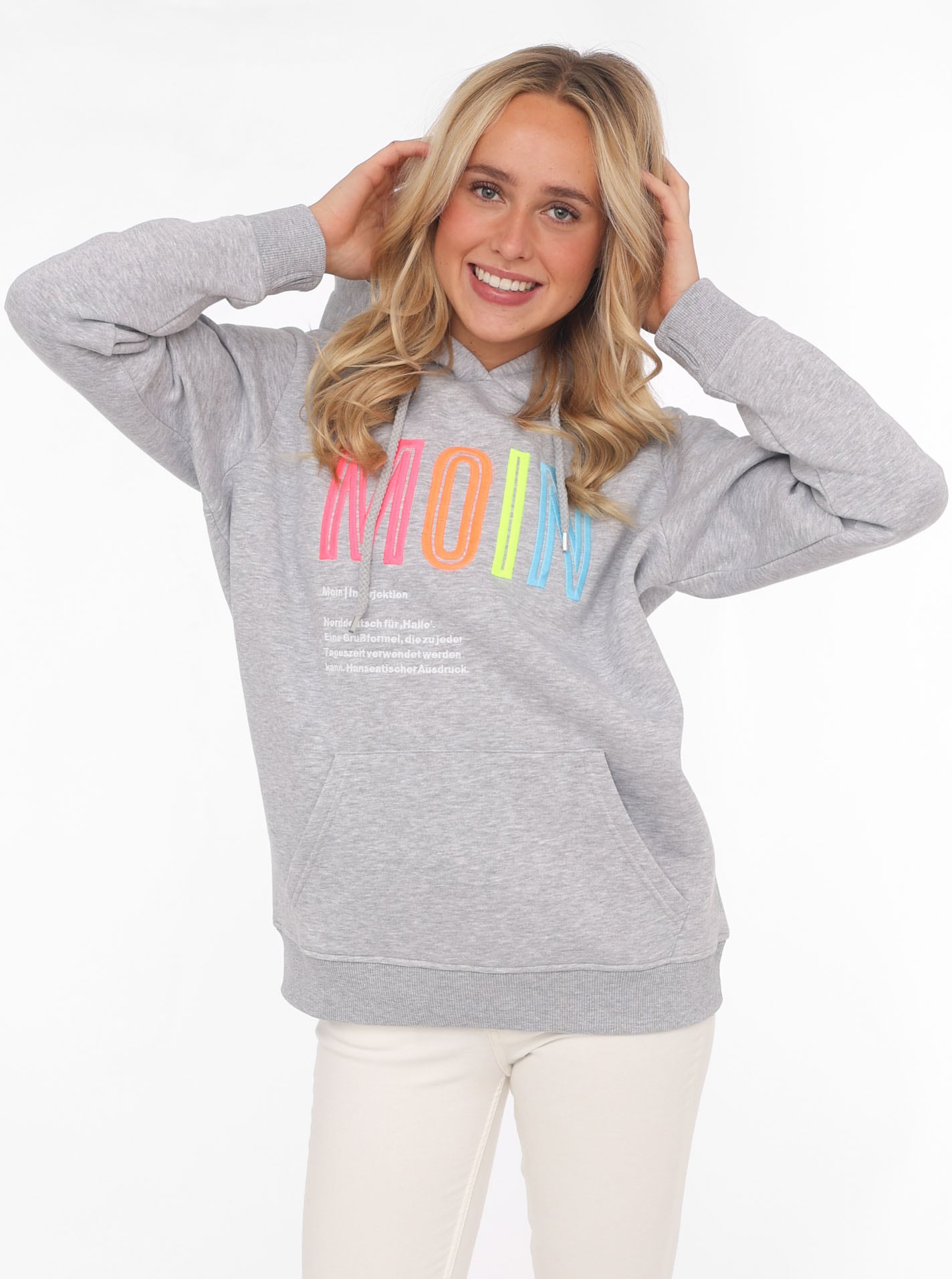 Zwillingsherz Sweatshirt, mit aufgesticktem â€žMoinâ€œ-Schriftzug in Neonfarben