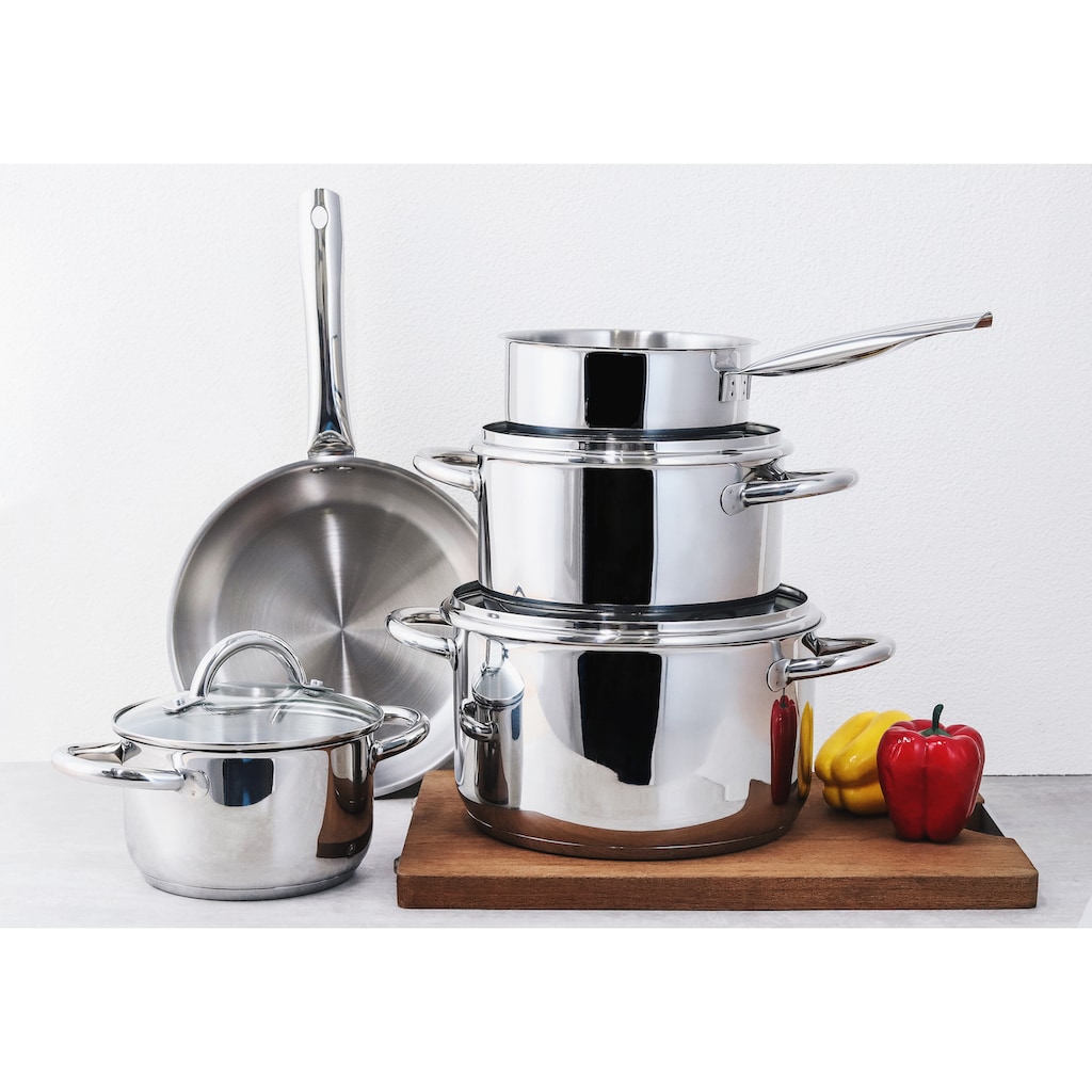 ECHTWERK Topf-Set »Silber-Edition«, Edelstahl 18/8, (Set, 8 tlg., je 1 Kochtopf 16/20/24 cm, Kasserolle 16 cm, Bratpfanne 24 cm)