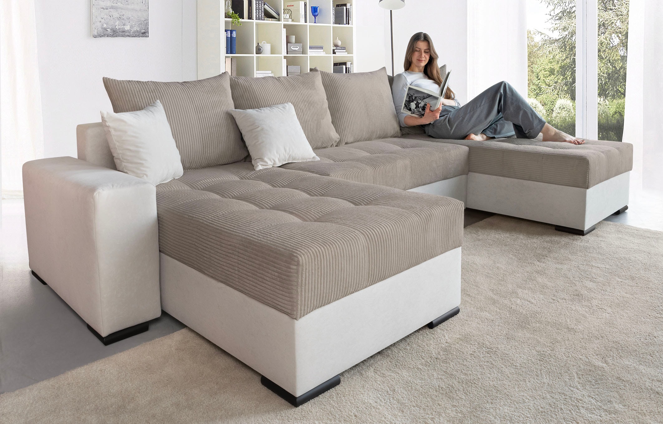 COLLECTION AB Wohnlandschaft "Josy XL U-Form, B: 313 cm in Cord, Cord-Mix" Schlaffunktion, Bettkasten & 2 Zierkissen, Federkern