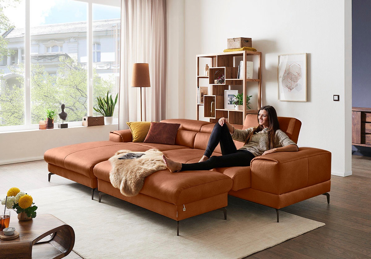W.SCHILLIG Ecksofa »piedroo, Designsofa mit tollem Sitzkomfort, elegant und bequem, L-Form«, Kopfteilverstellung, wahlweise mit Sitztiefenverstellung, Breite 303cm