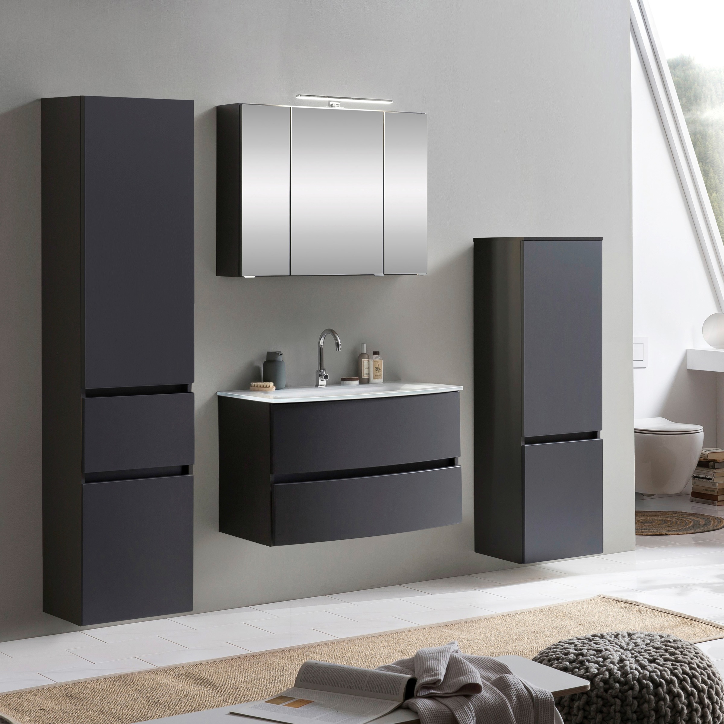 welltime Badezimmer-Set »Kaunas«, (Set, 4 St.), Waschtisch-Set mit Midischrank und Seitenschrank, Breite 160 cm