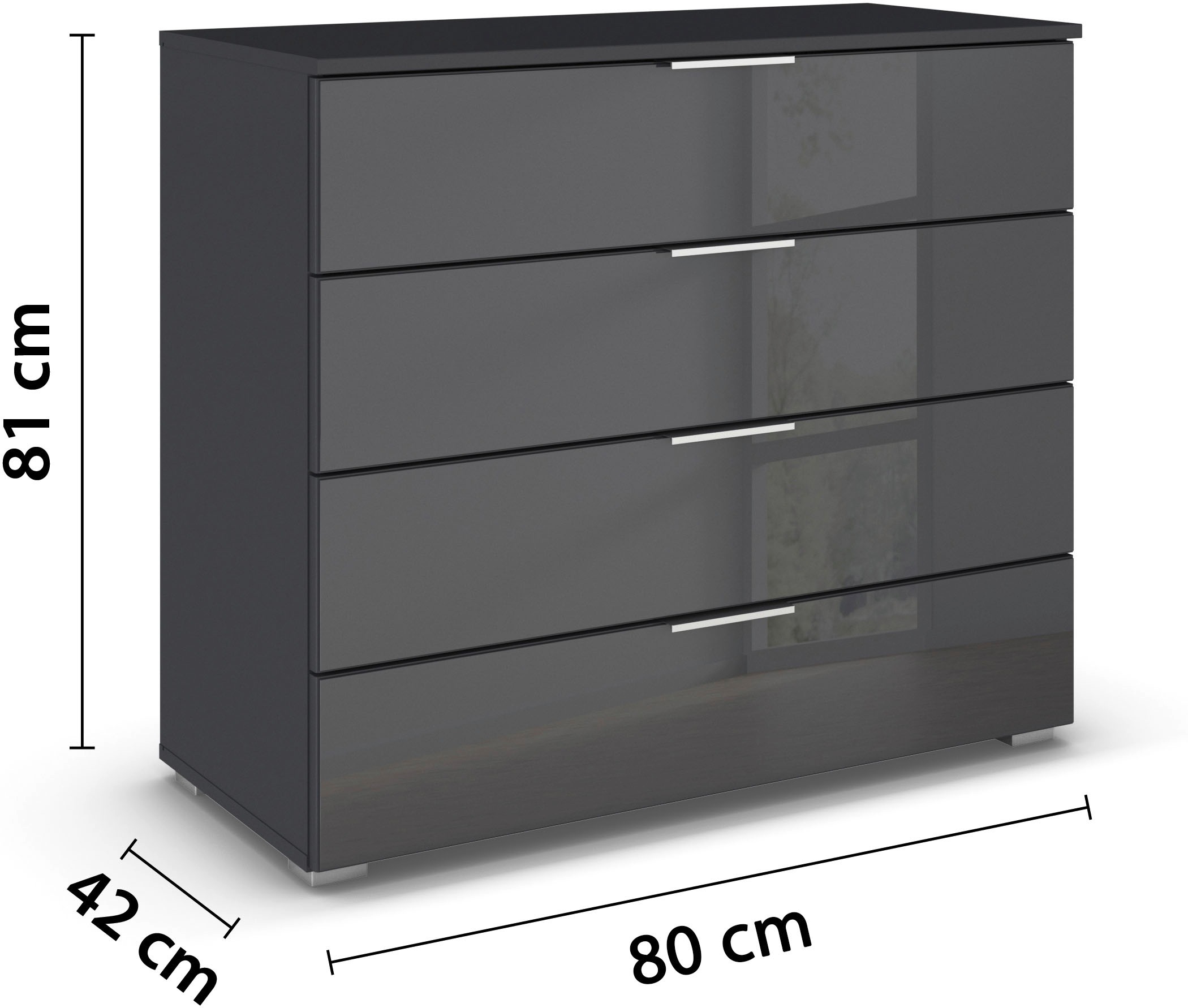 rauch Schubkastenkommode »Sideboard Schubladenkommode Schubladenkommode AGORDO mit Glasfront«, (in zwei Griff-Farben, Breite 80 cm inkl. Soft-Close-Funktion), vier große und geräumige Schubladen mit viel Stauraum MADE IN GERMANY