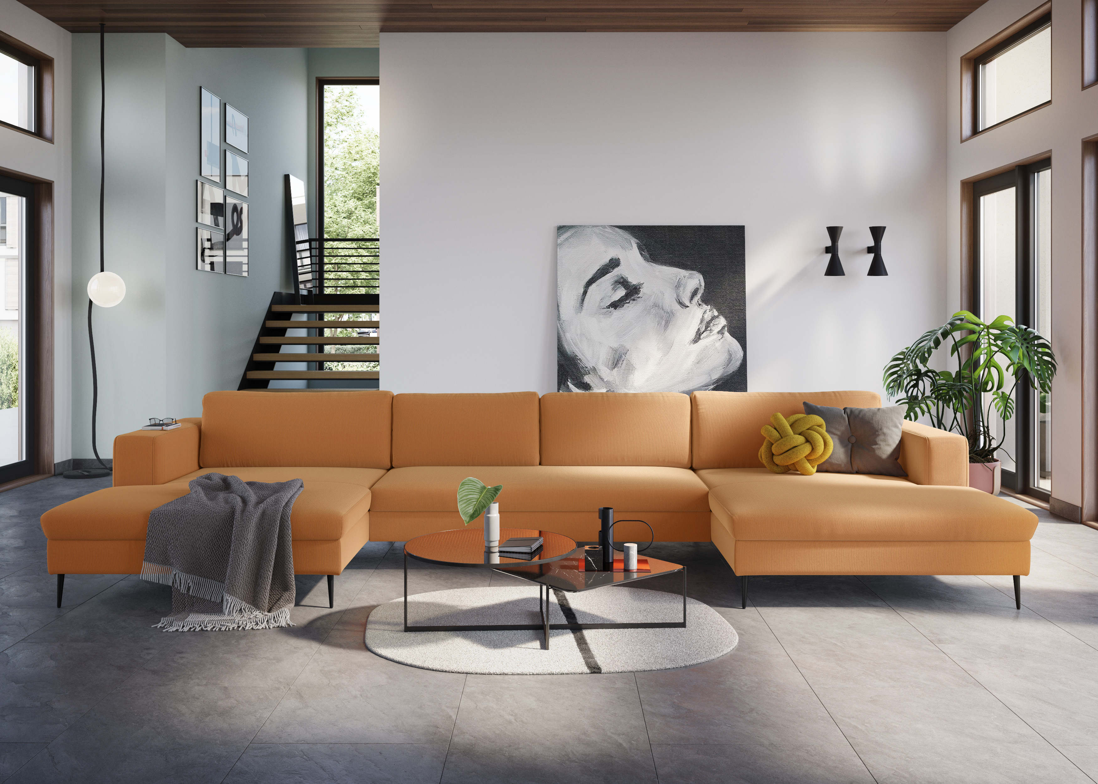 DOMO collection "Modica U-Form aktuelles, kubisches Design mit 2 Recamieren, viel Platz" XXL, auch in Cord, Fußhöhe passend für gängige Saugroboter